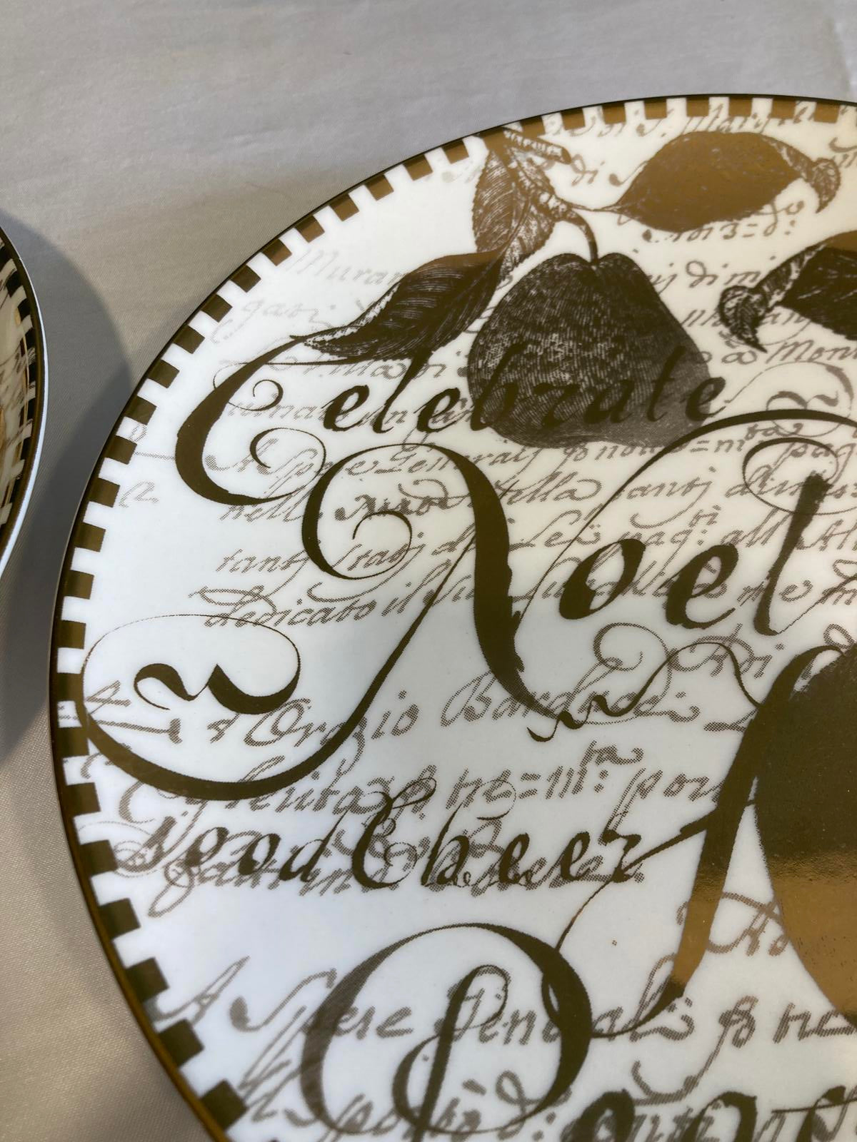 Set of 4 Restoration Hardware Noel Pear Dessert Plates Gold Script Holiday