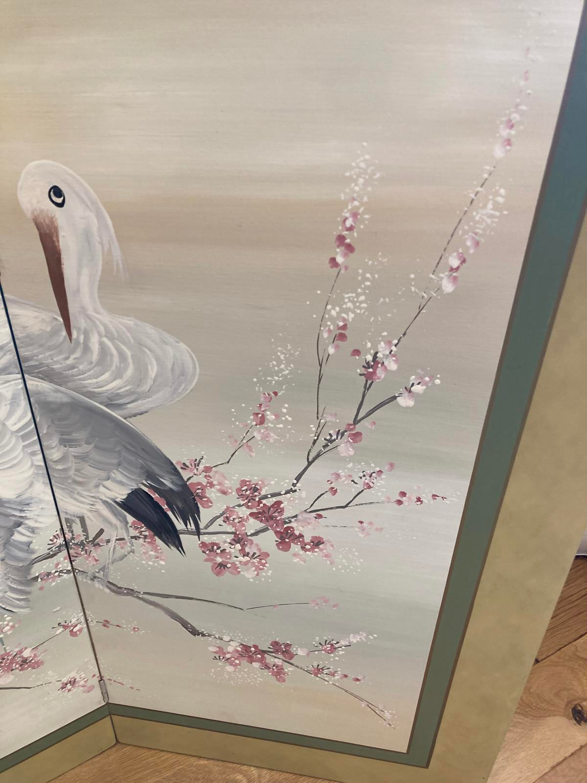 Midcentury Four Panel Wood Screen With Cranes Hand Painted by Lucien Leinfelder
