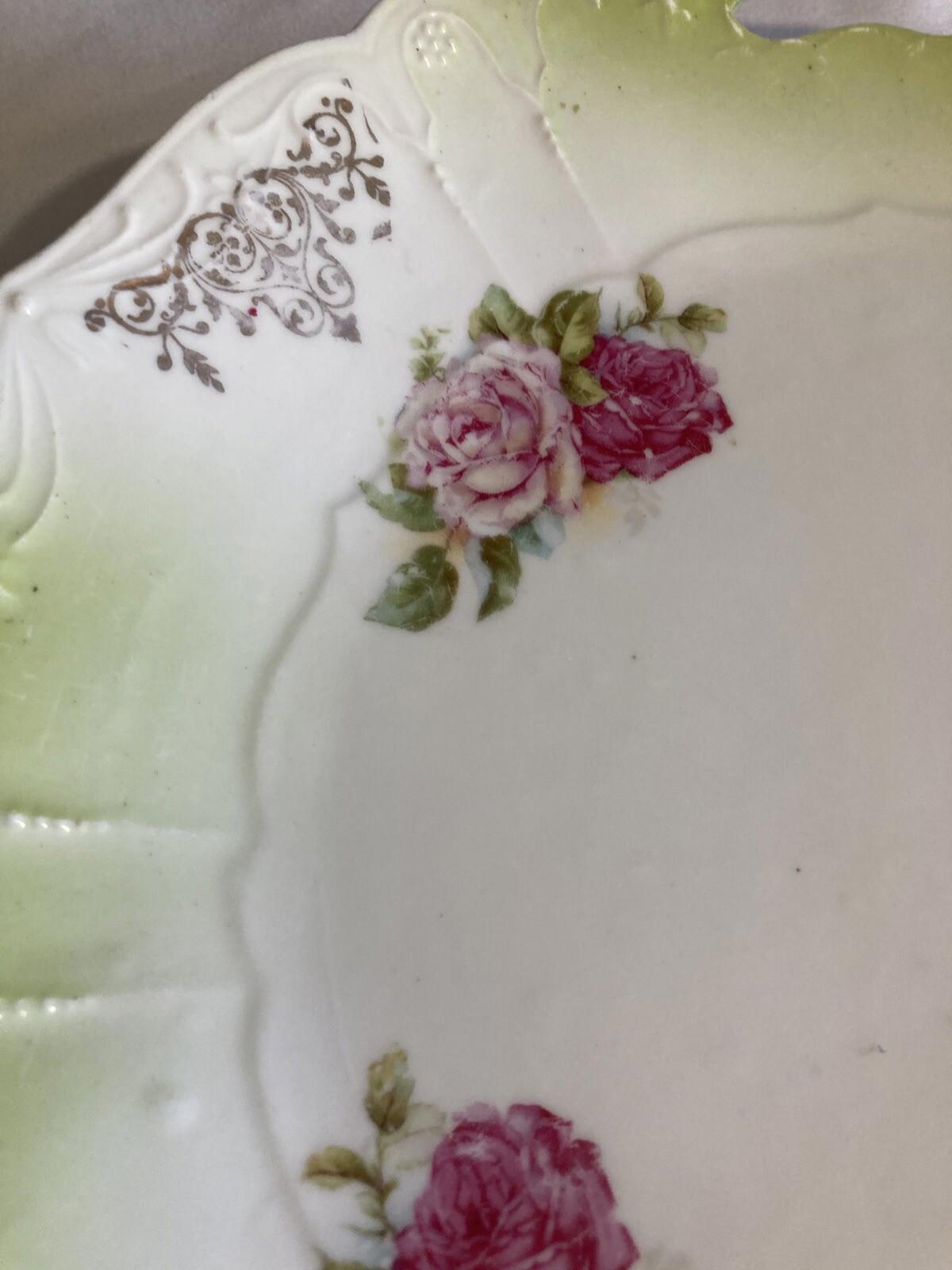 Antique Prussian Hand Painted Pink and Green Dessert Plate with Handles