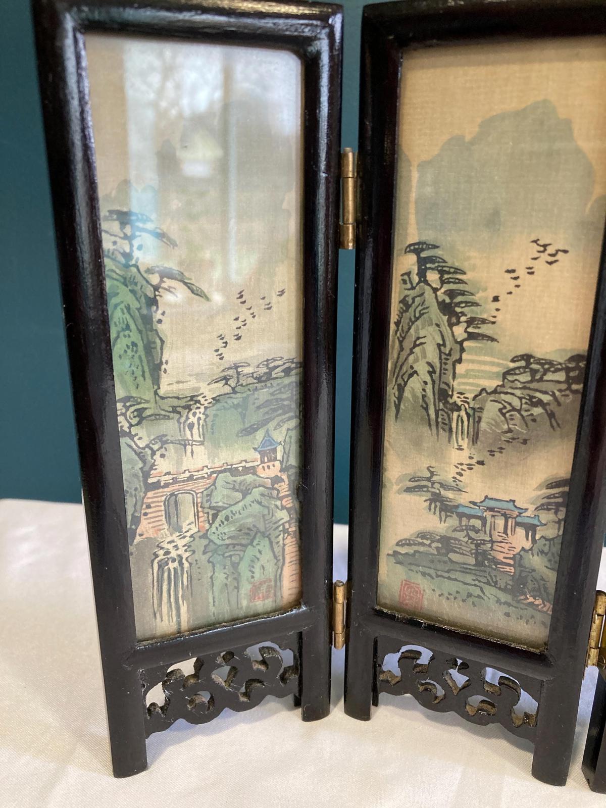 Vintage Small Asian Folding Table Top Hand Painted Screen