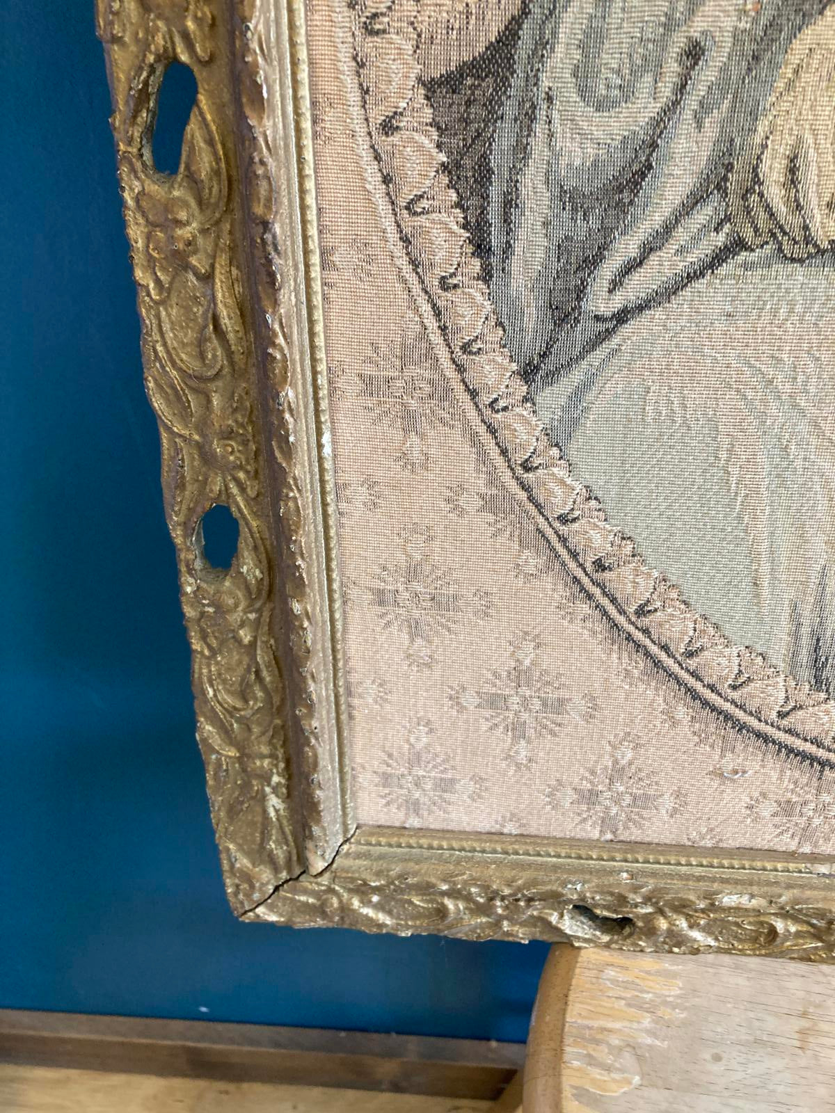Antique Madonna and Child Framed Tapestry with Gold Frame