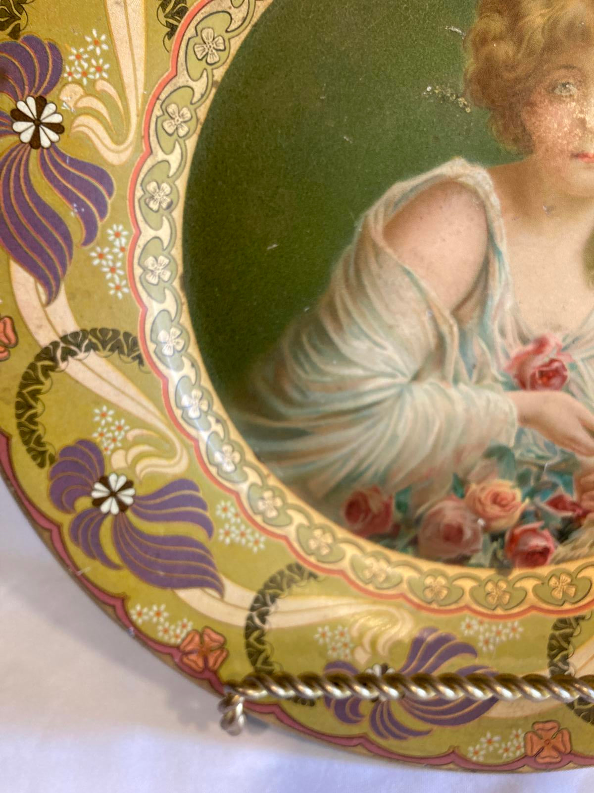 Royal Saxony “Flower Girl” Decorative Metal Plate by Chas W. Shonk Co. Chicago