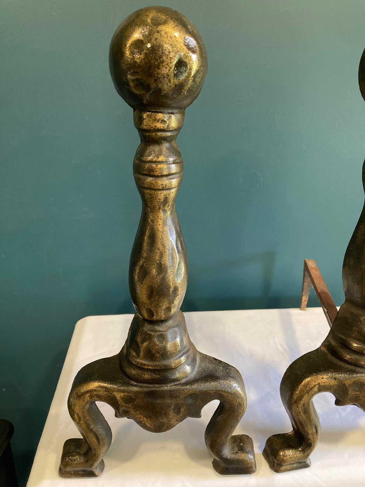 Pair of Vintage Brass and Cast Iron Andirons