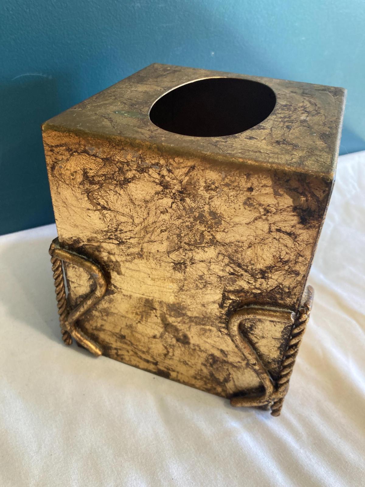 Vintage Gold Tissue Box With Twisted Metal Rope Edges