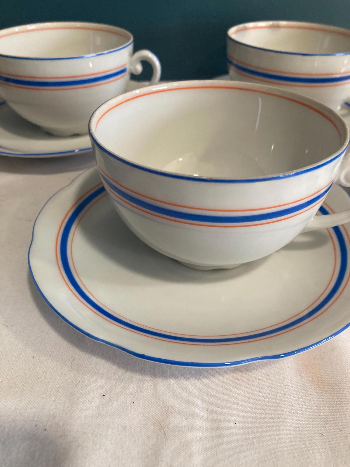 Vintage Czechoslovakian Tea Cups & Saucers Blue & Orange Rings Mid-Century