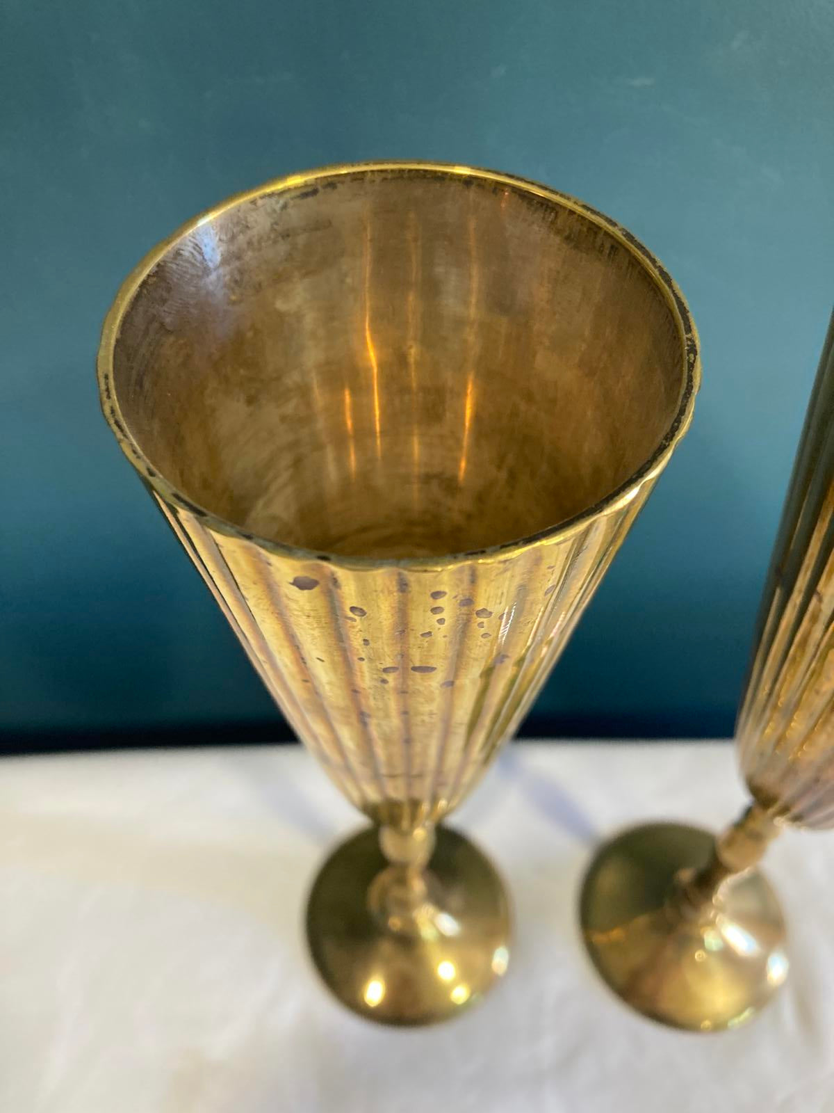 Vintage Brass Champagne Flutes – Ribbed Gold Goblets, Set of 2