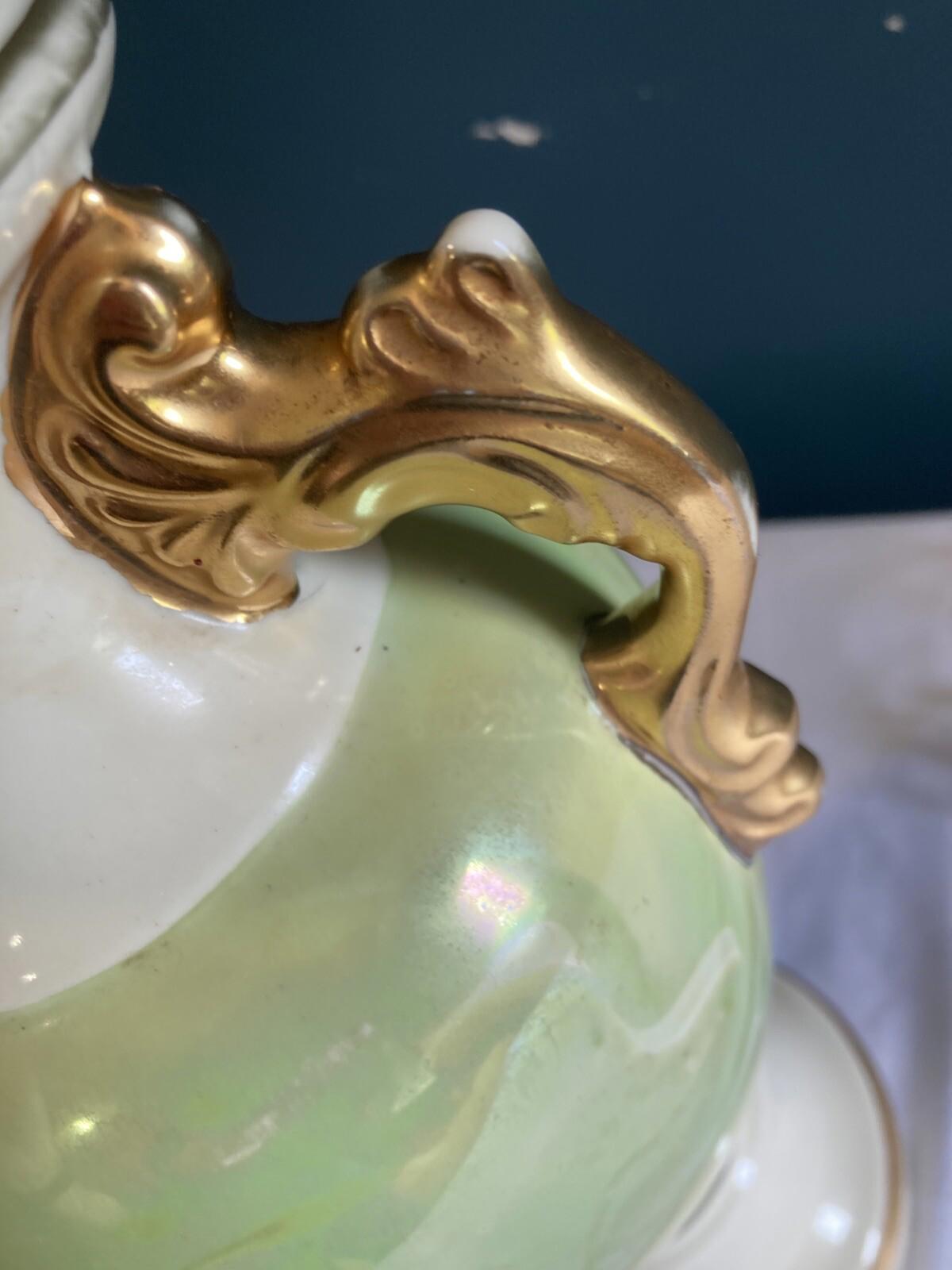 Vintage Hand-Painted Green & Gold Floral Ceramic Urn Lamp Victorian Style