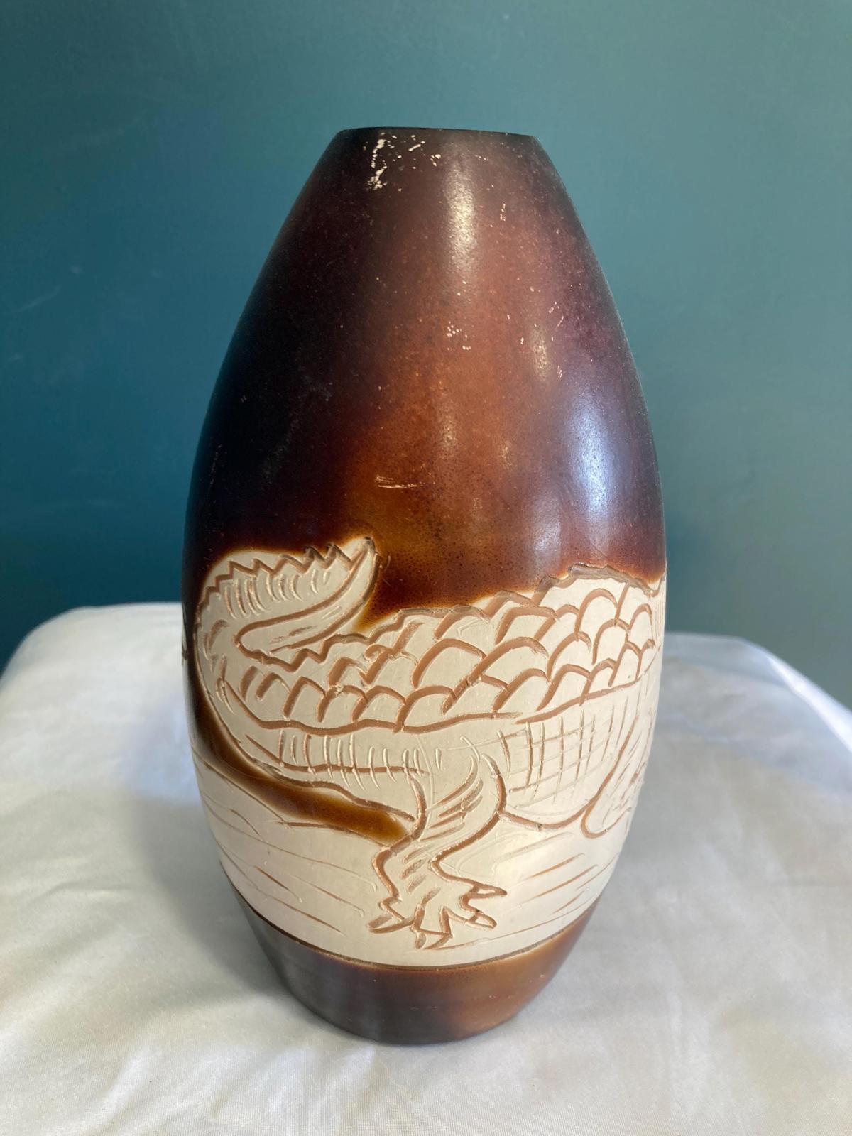 Vintage Hand Carved Solid Wood Iguana Vase