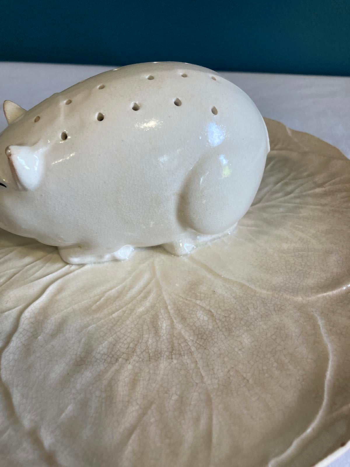 Vintage Ceramic Pig Canapé Holder on Leaf Dish