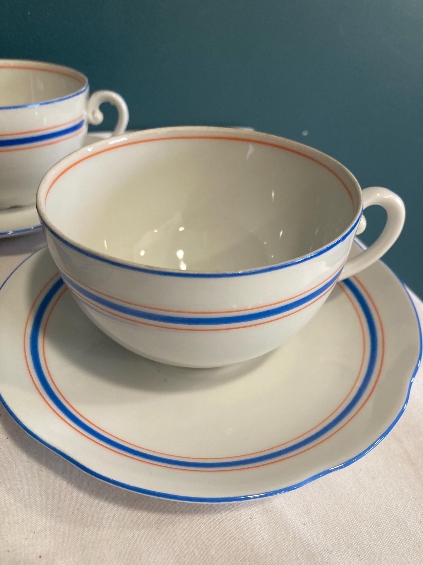 Vintage Orange & Blue Stripe Czechoslovakian Tea Cups, Set of 6