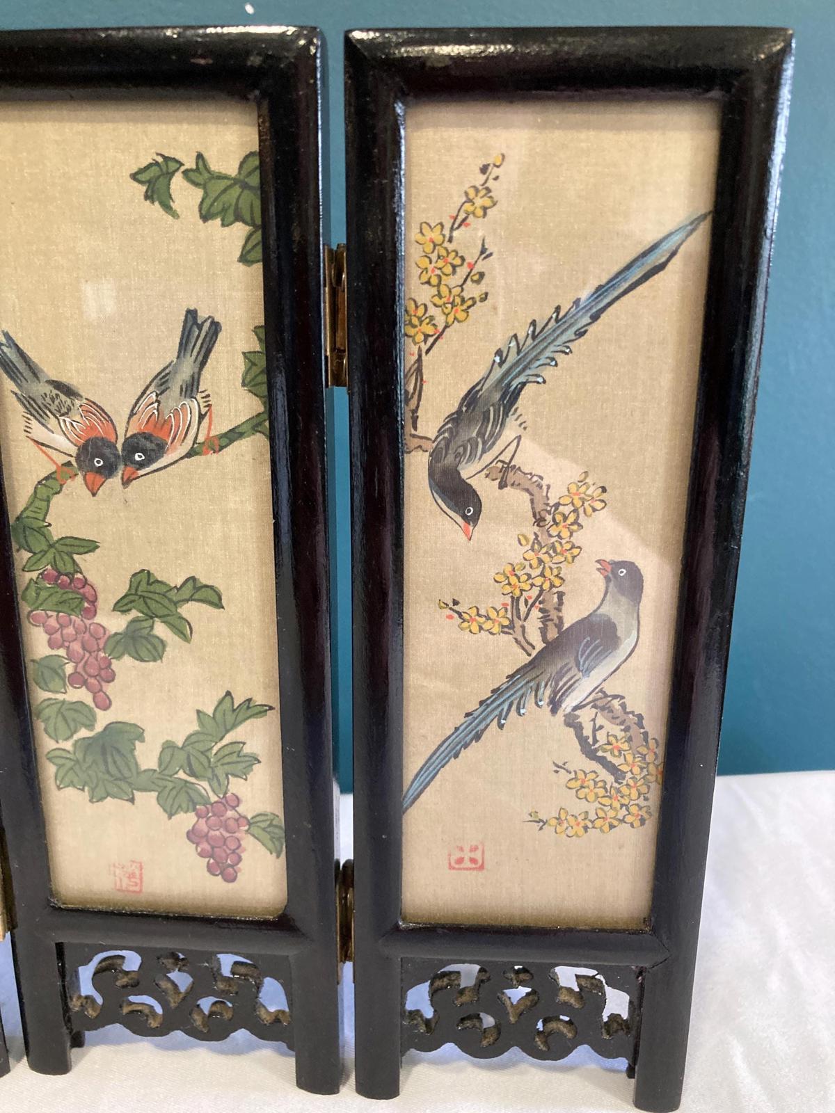 Vintage Small Asian Folding Table Top Hand Painted Screen