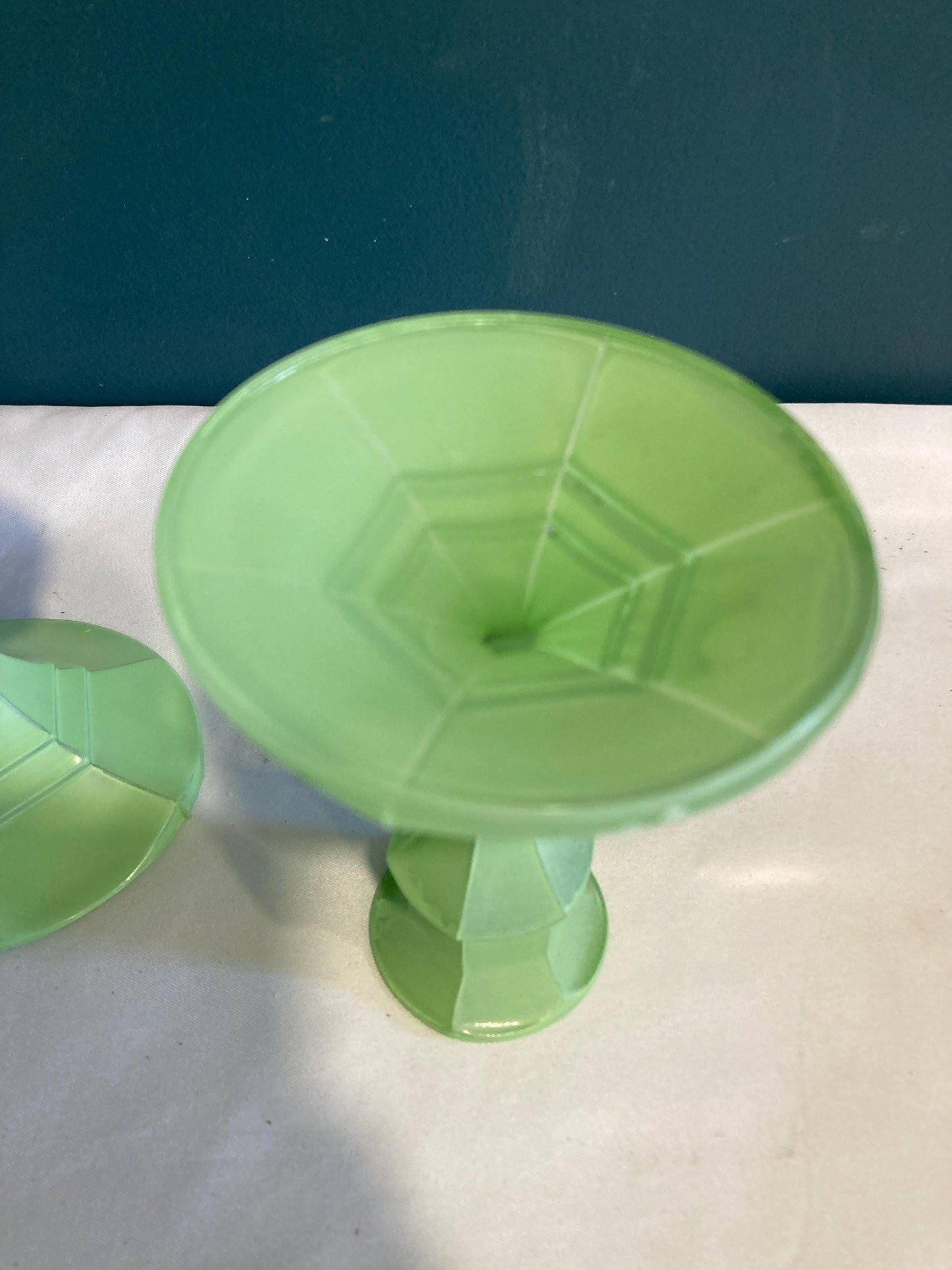 Vintage Green Painted Glass Candlesticks, set of 2