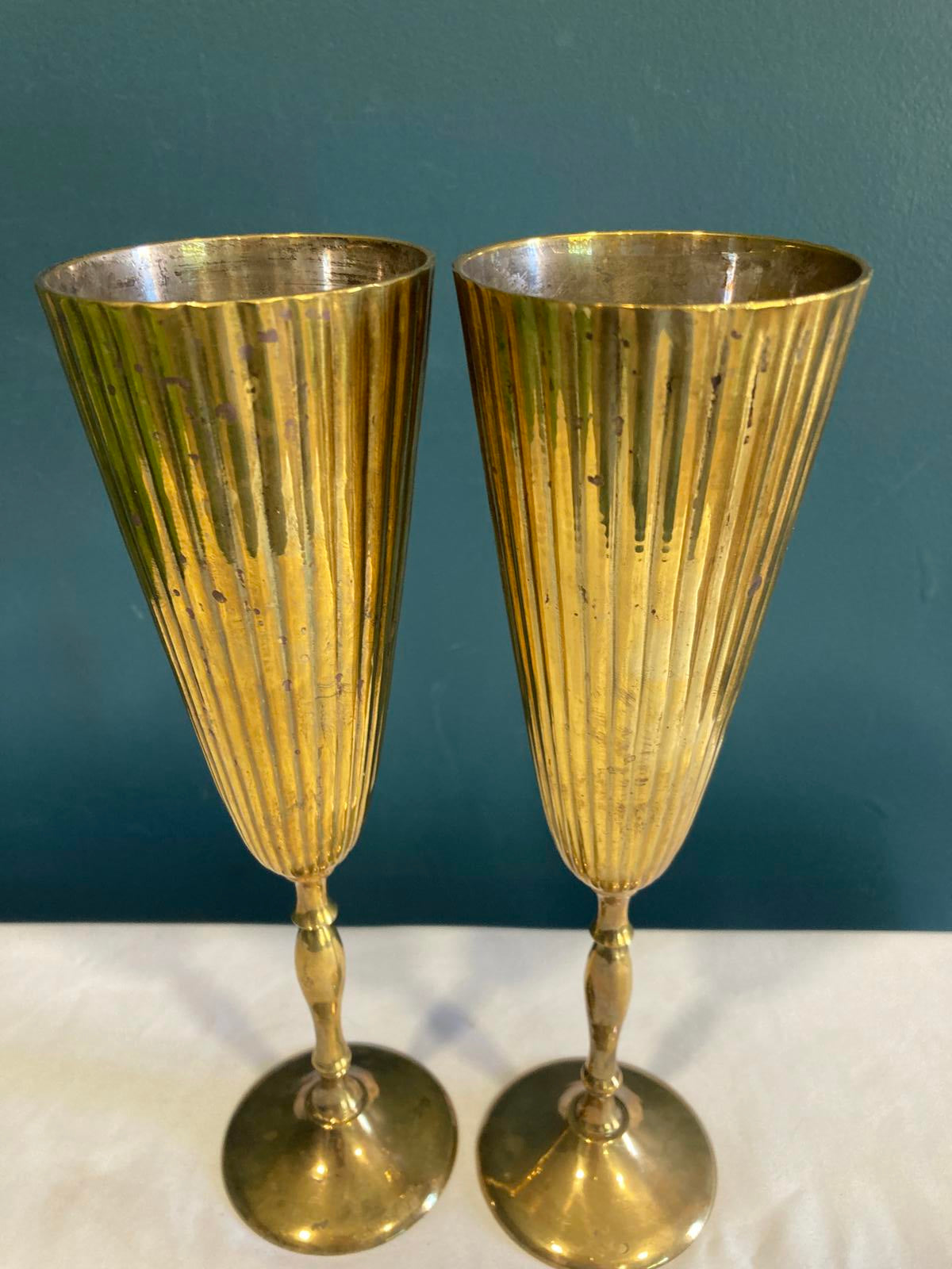 Vintage Brass Champagne Flutes – Ribbed Gold Goblets, Set of 2