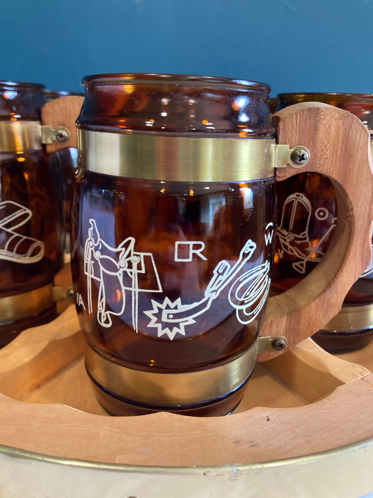 Vintage Amber Glass Cowboy Mugs with Wood Handles and Wagon Wheel Tray Set of 7