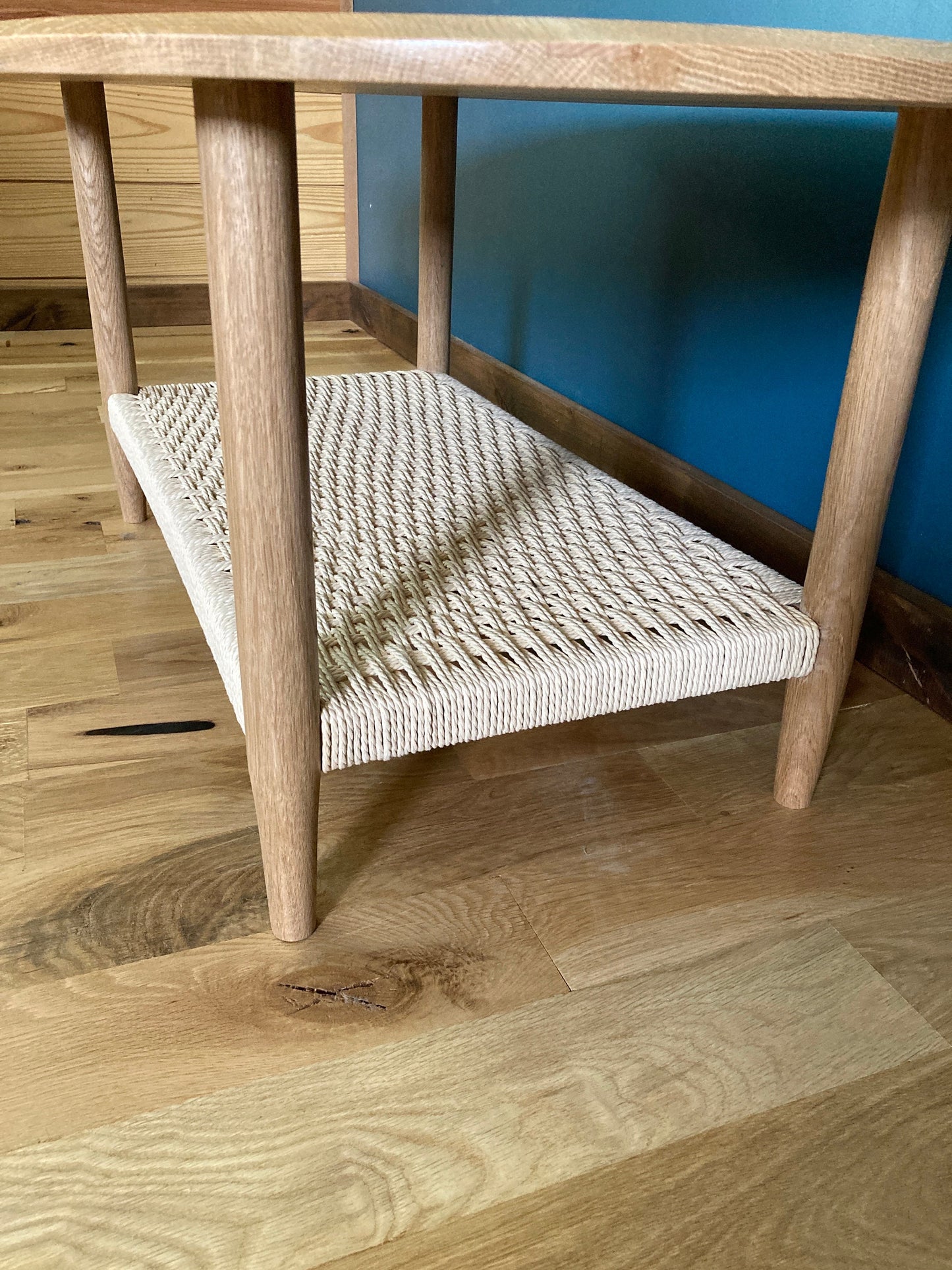 Handcrafted Solid Oak Danish Modern Coffee Table With Danish Paper Cord Shelf