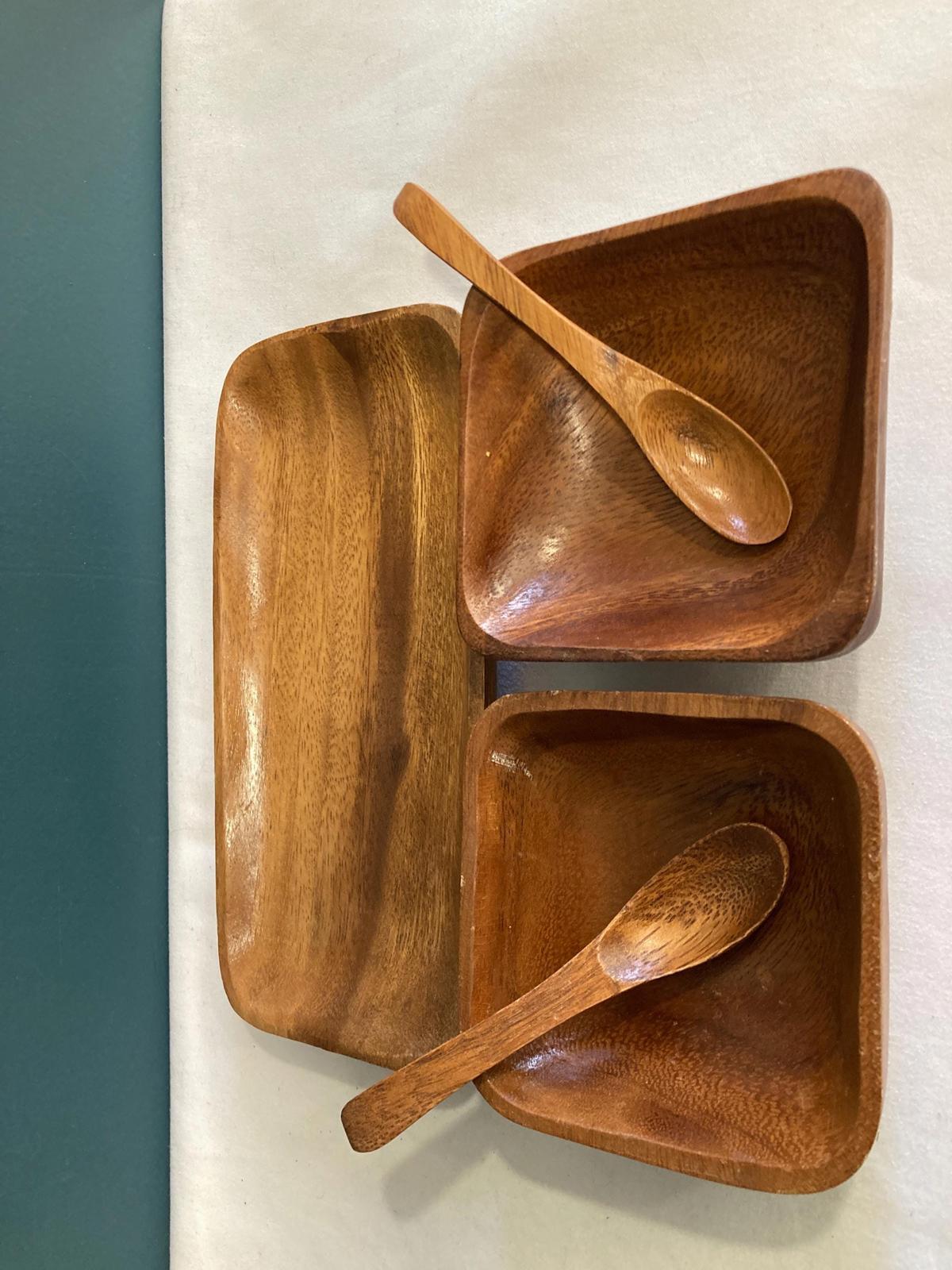 Midcentury Modern Solid Wood Condiment Bowls with Tray and Spoons