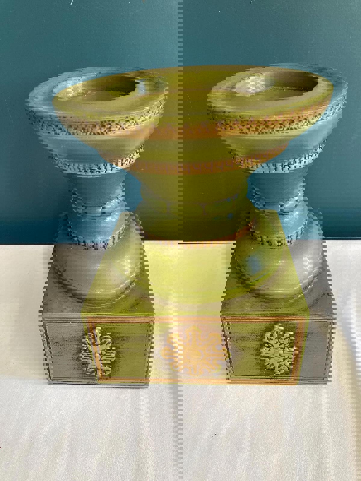 Midcentury Green & Gold Ceramic Candle Holder Stand