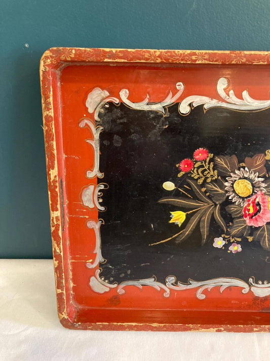 Vintage Hand Painted Wooden Floral Tray Red Black Folk Art Serving Tray Cottage Decor