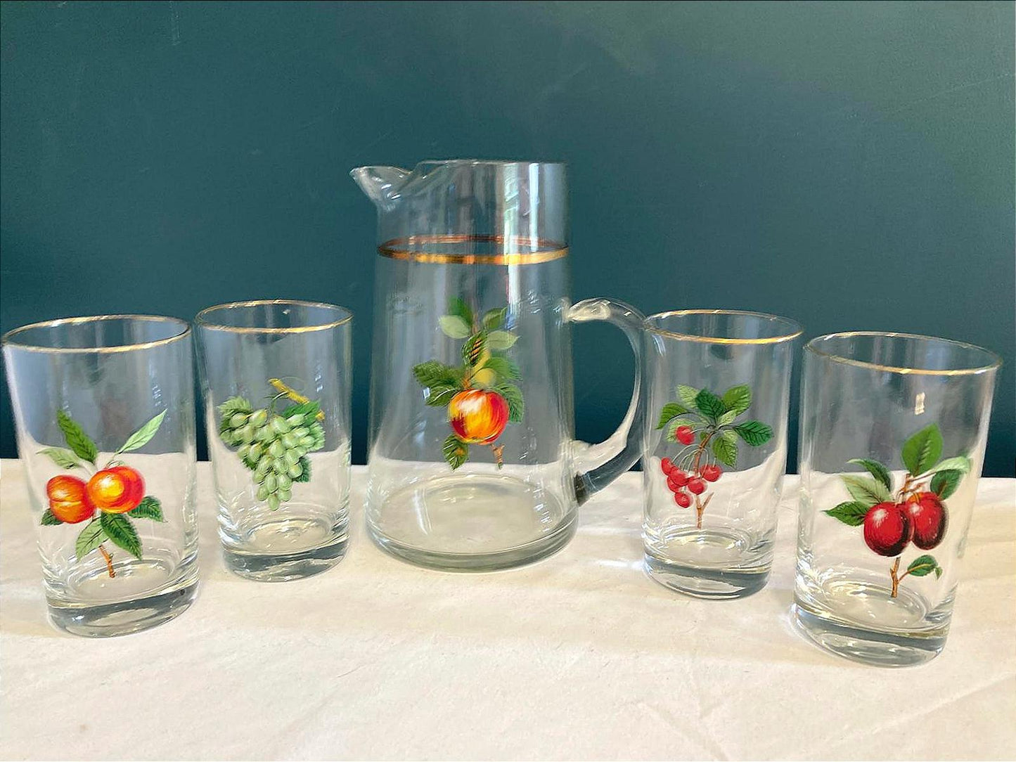Vintage West Virginia Glass Fruit Juice Pitcher and 4 Glasses