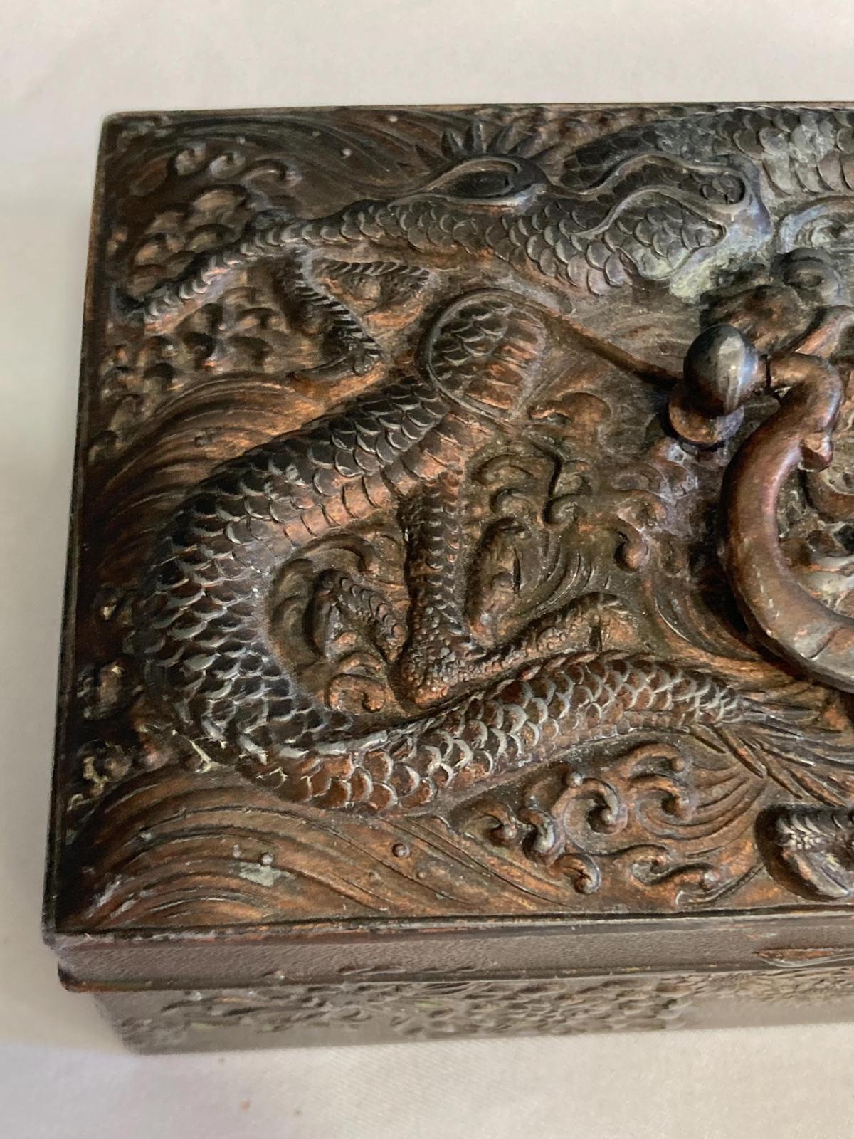 Antique Japanese Copper Box with Ornate Dragon Lid