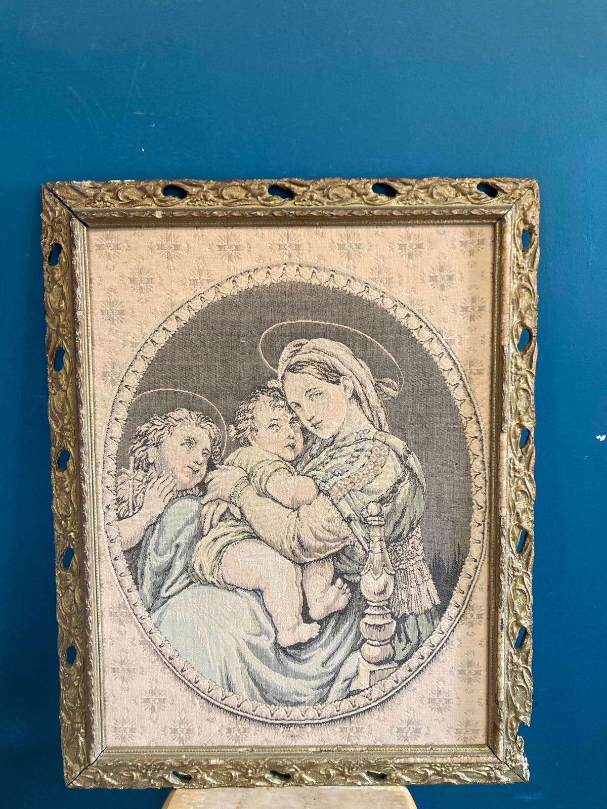 Antique Madonna and Child Framed Tapestry with Gold Frame