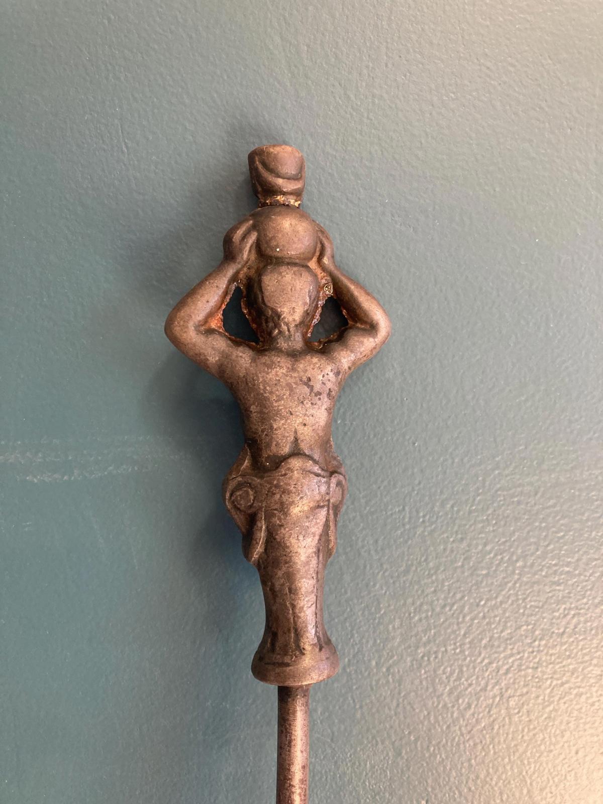Antique Cast Iron Fireplace Poker Figural Man With Pot on Head
