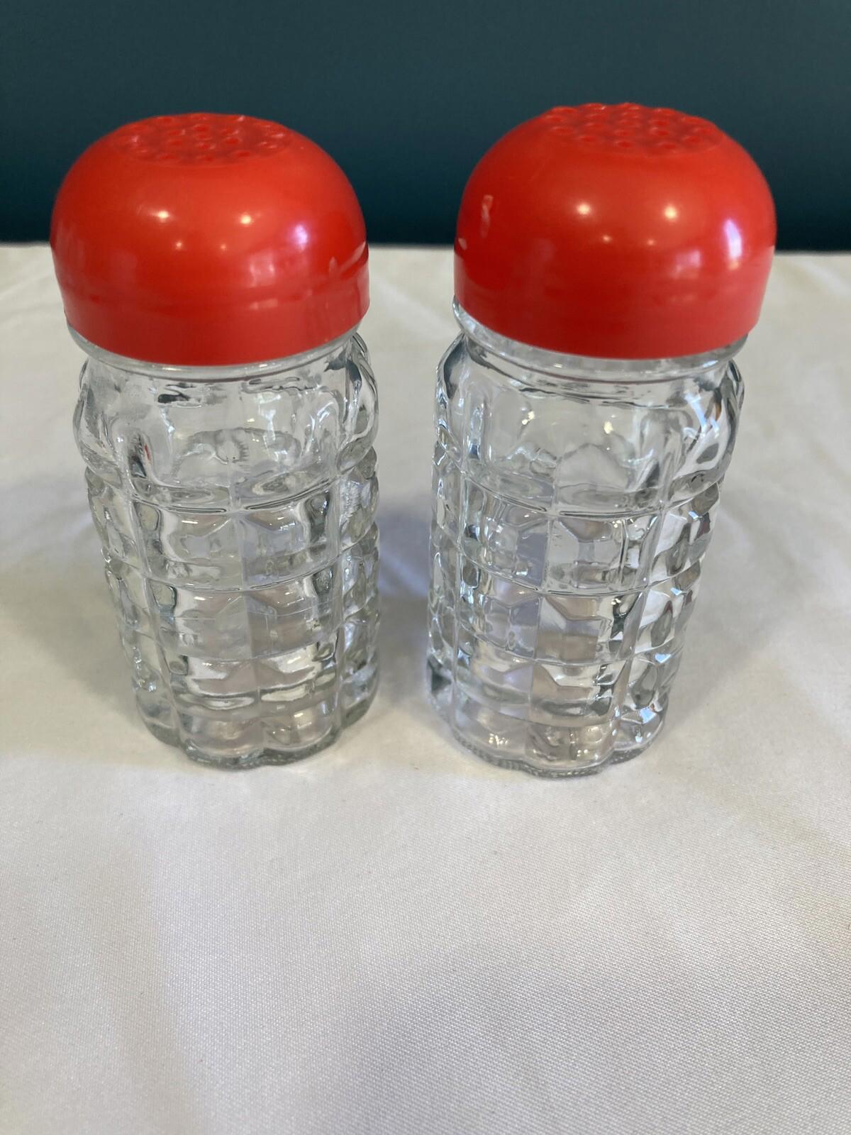 Vintage 1960s Quilted Glass Salt & Pepper Shakers with Red Plastic Lids