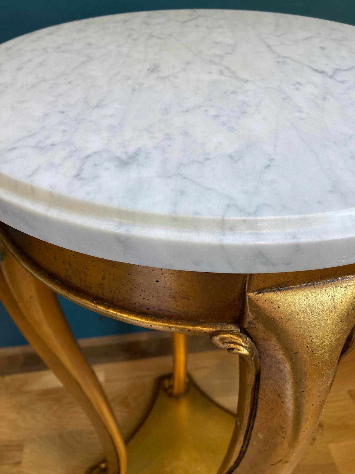 Vintage Giltwood Gold Pedestal Table with White Marble Top