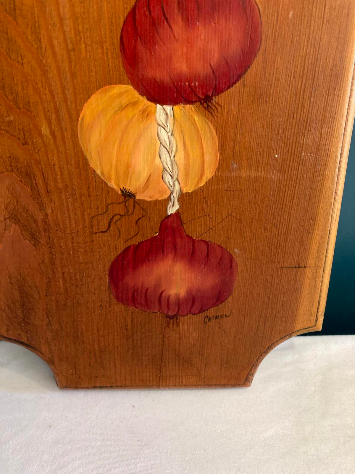 Vintage Midcentury Painted Wood Wall Hanging With Onions and Garlic