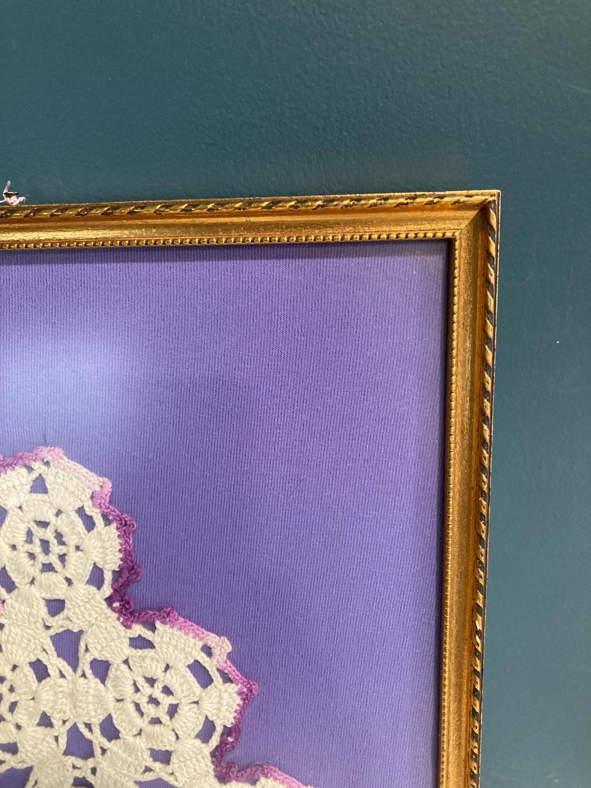Vintage Handmade White Doily Lace with Purple Edges Framed
