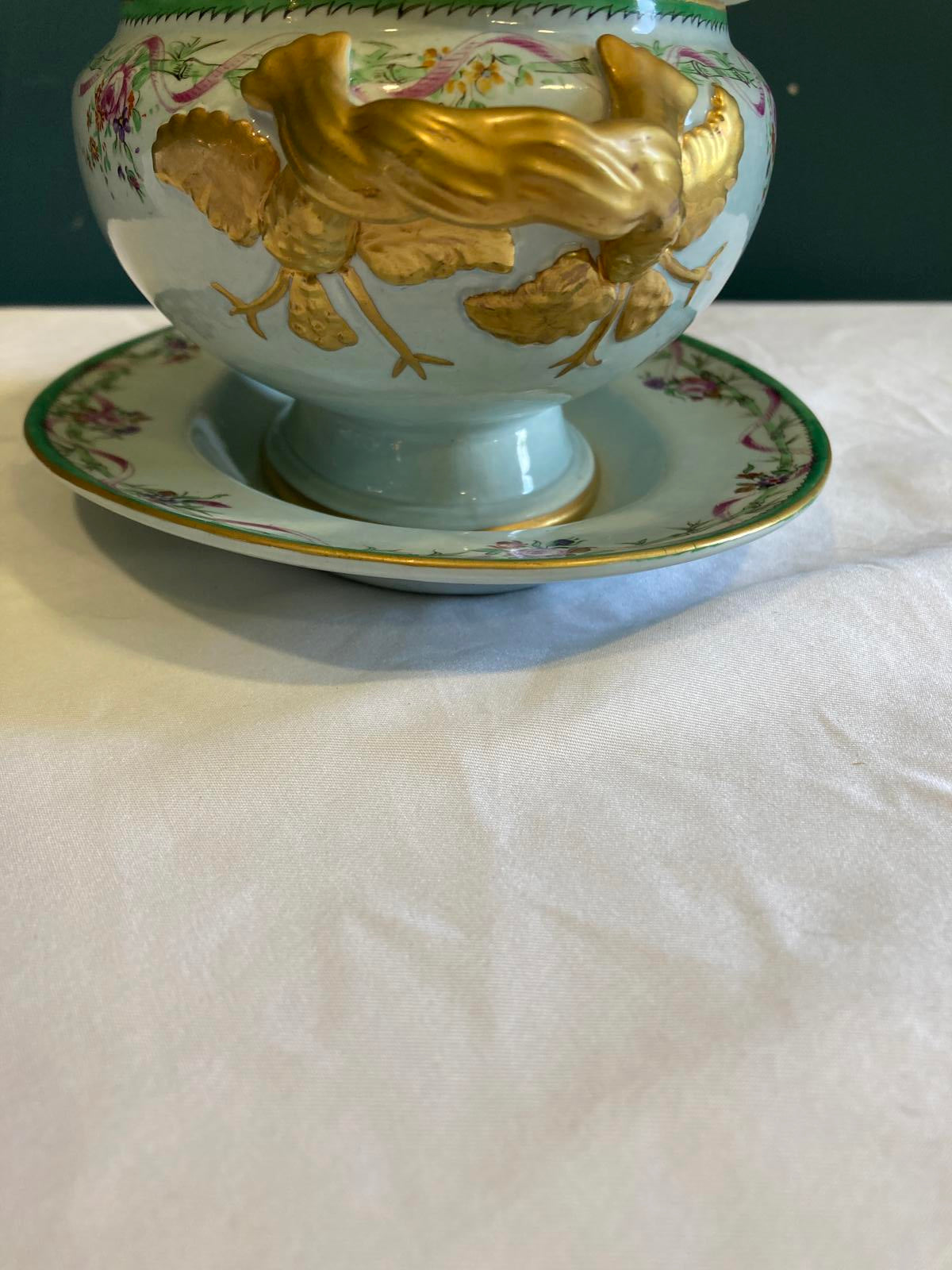 Mottahedeh Covered Tureen with Underplate and Gold Handles