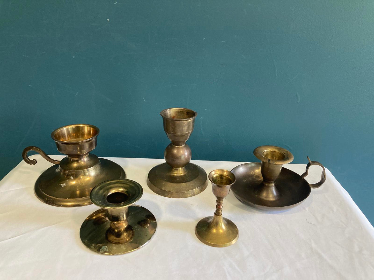 MIdcentury Brass Candlestick Holders – Mismatched Set of 5