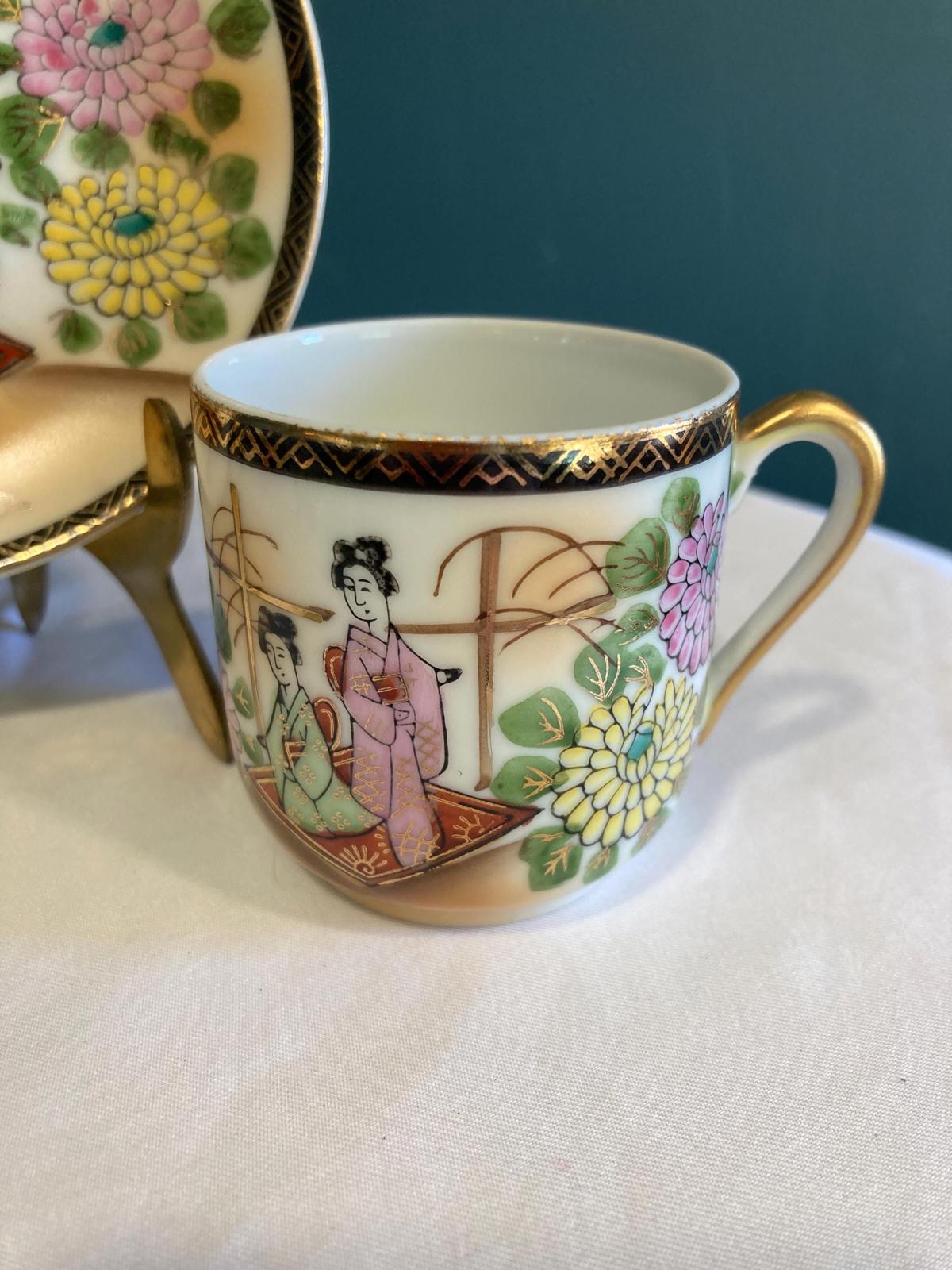 Japanese Lithophane Geishas in Kimonos Floral Bone China Tea Cup & Saucer Set