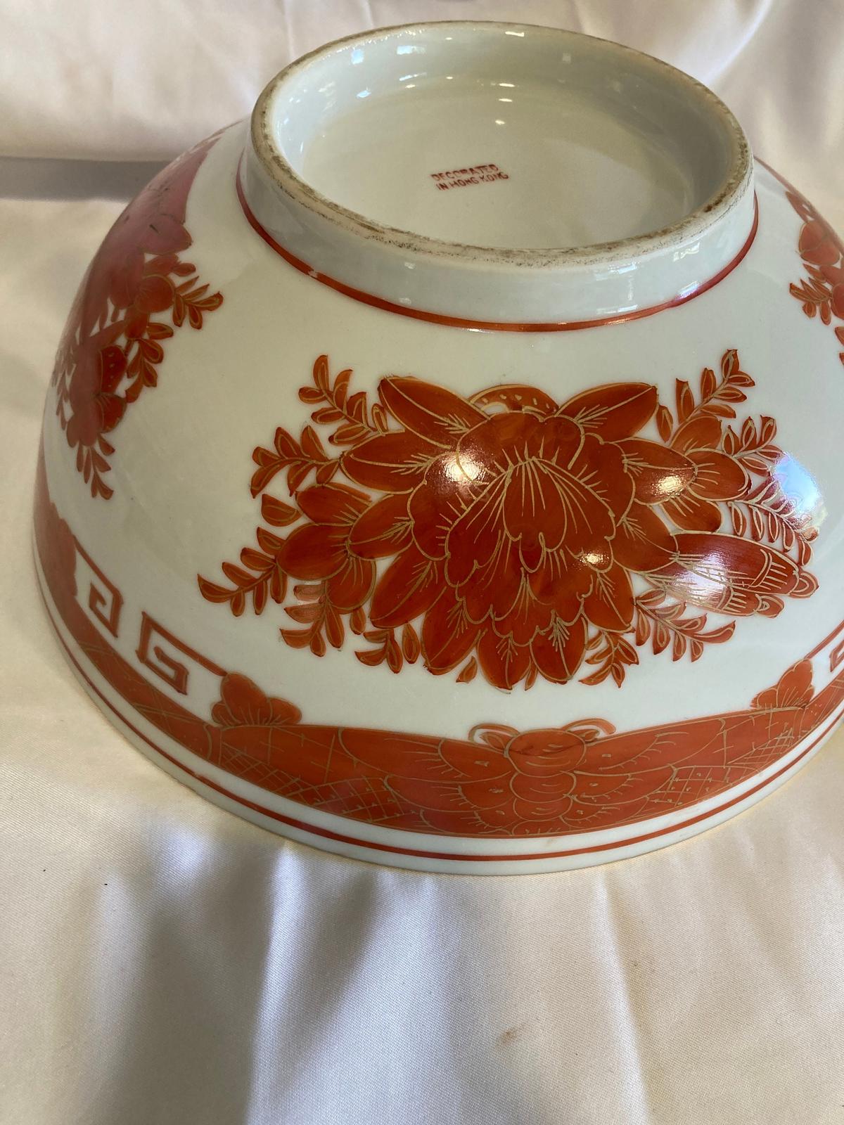 Vintage Orange & White Bowl with Gold Rim – Floral & Dragon Motif