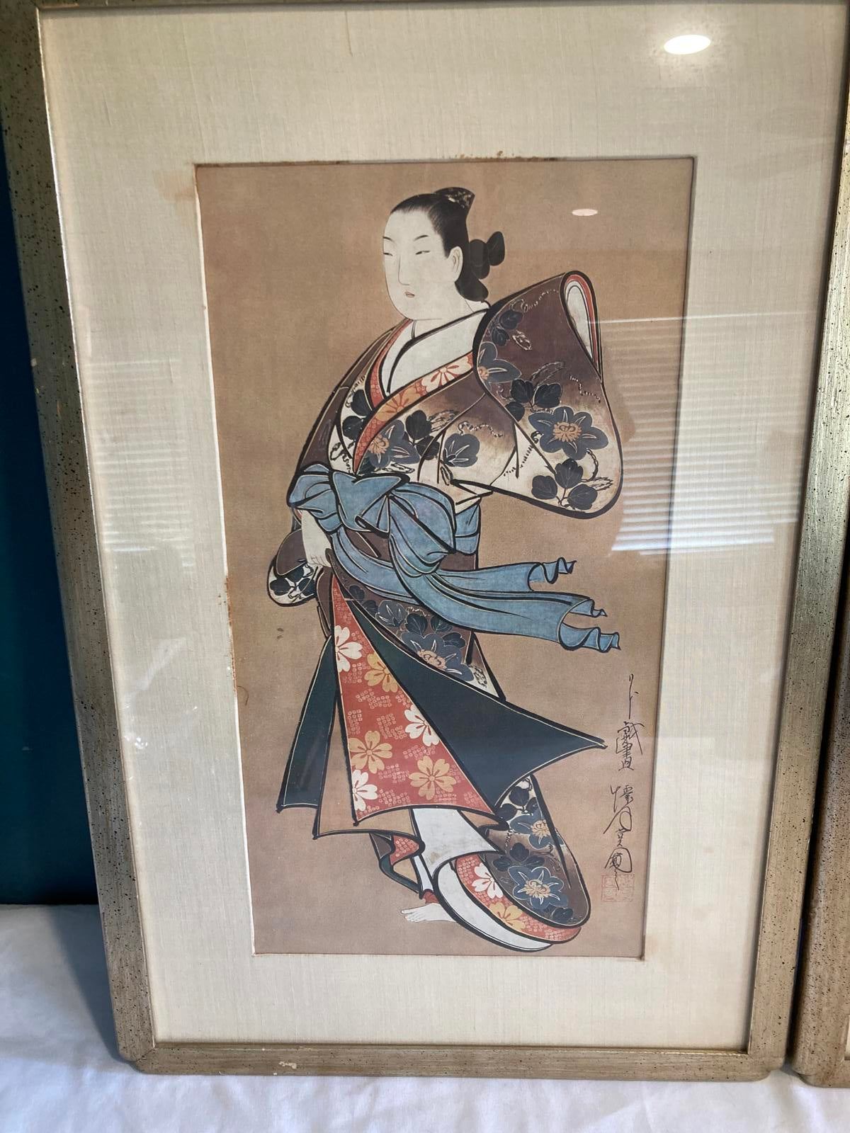 2 Vintage Framed Japanese Woodblock Print Style Geisha Art Kimono Wall Art