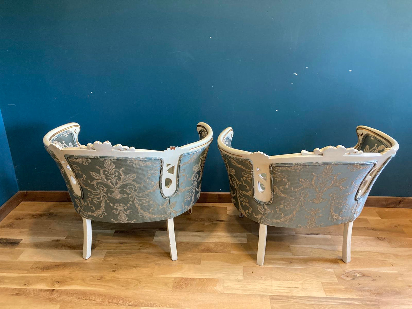 Pair of French Louis XV Style Bergère Chairs With Green Damask Upholstery