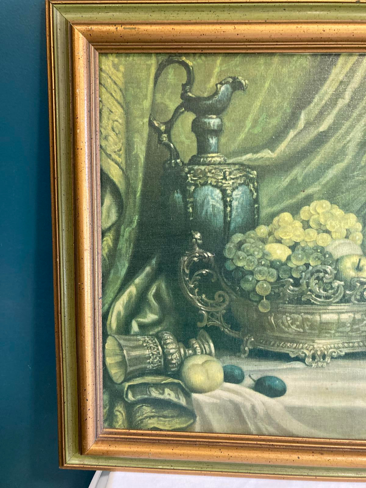 Vintage Framed Still Life Painting – Grapes, Goblet & Fruit, Gold Frame