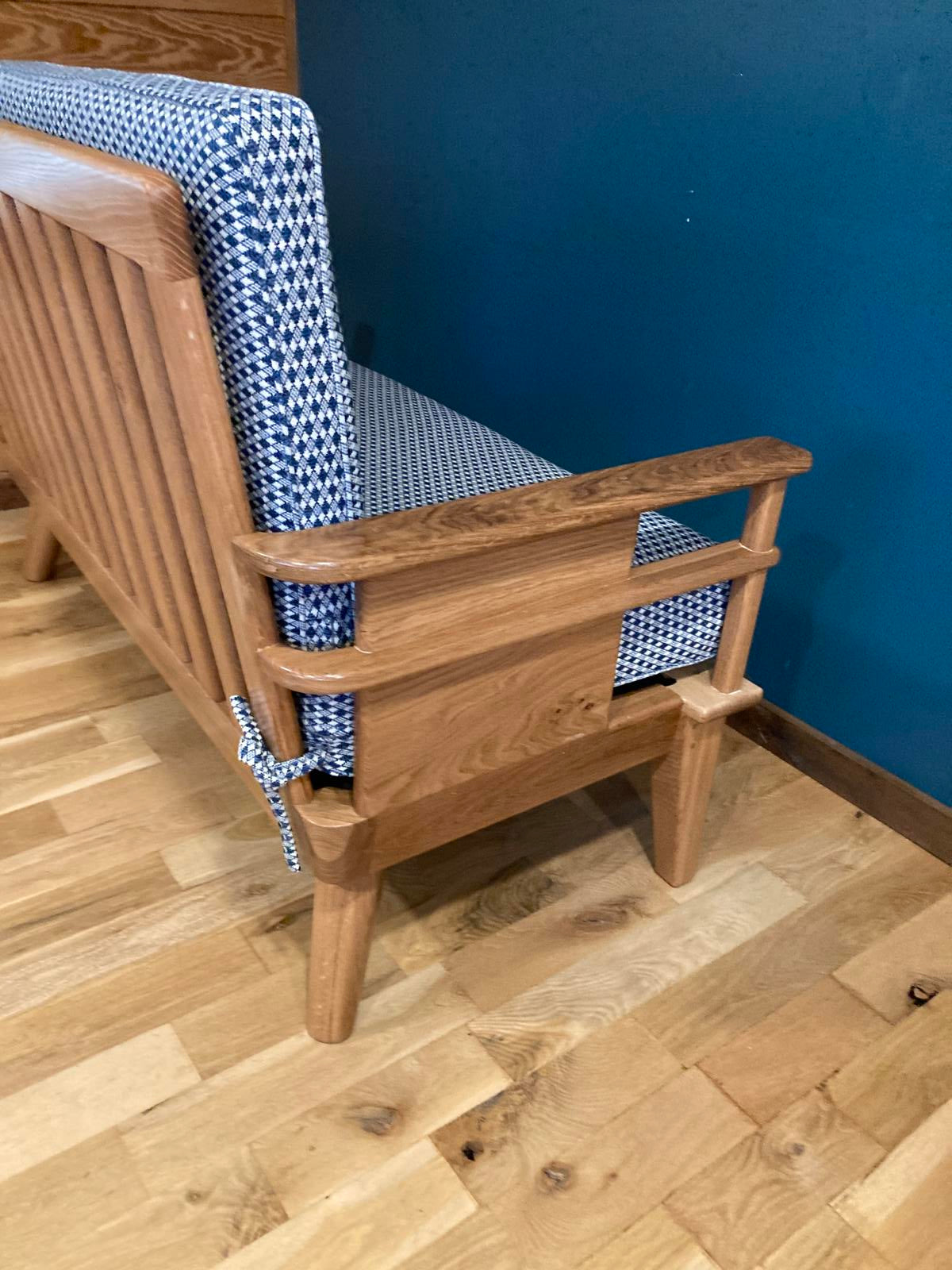 Handmade MCM Style Oak Loveseat with Custom Upholstery