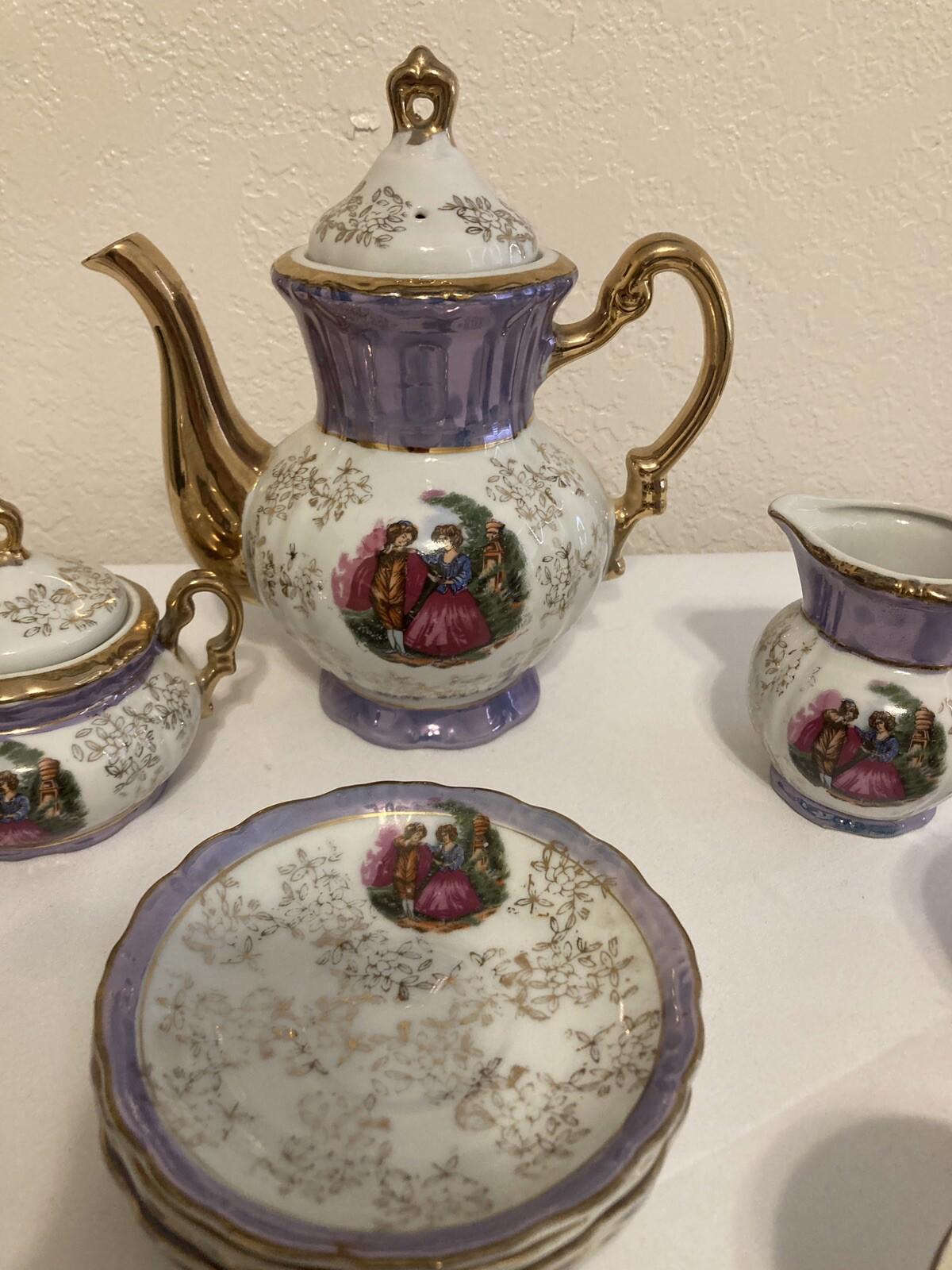 Vintage Arnart Japan Tea Set – Purple, Gold & White Courting Couple – 15 Piece Set