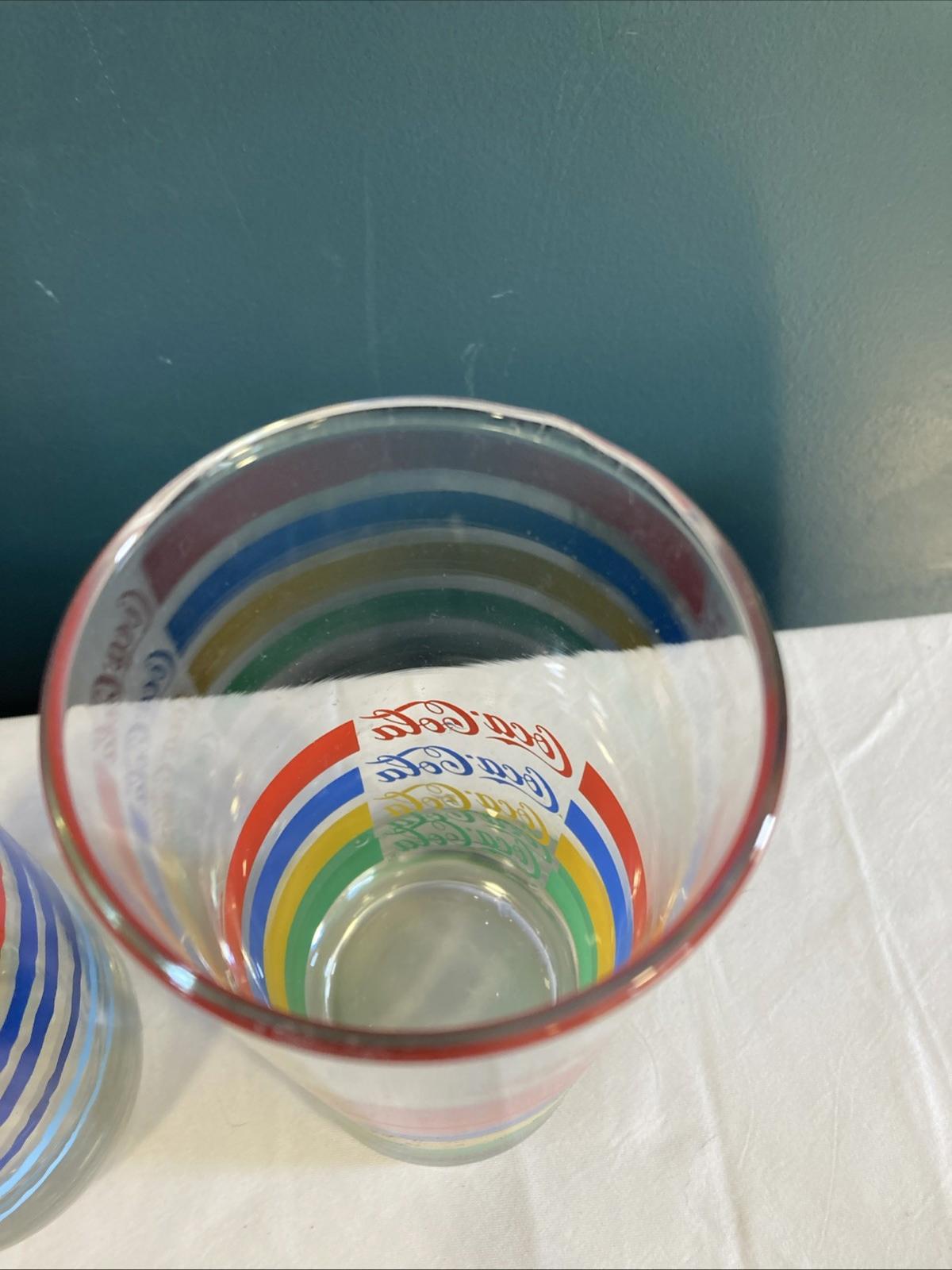 Vintage Set of 2 Coca Cola Striped Drinking Glasses 12 oz Soda Tumblers