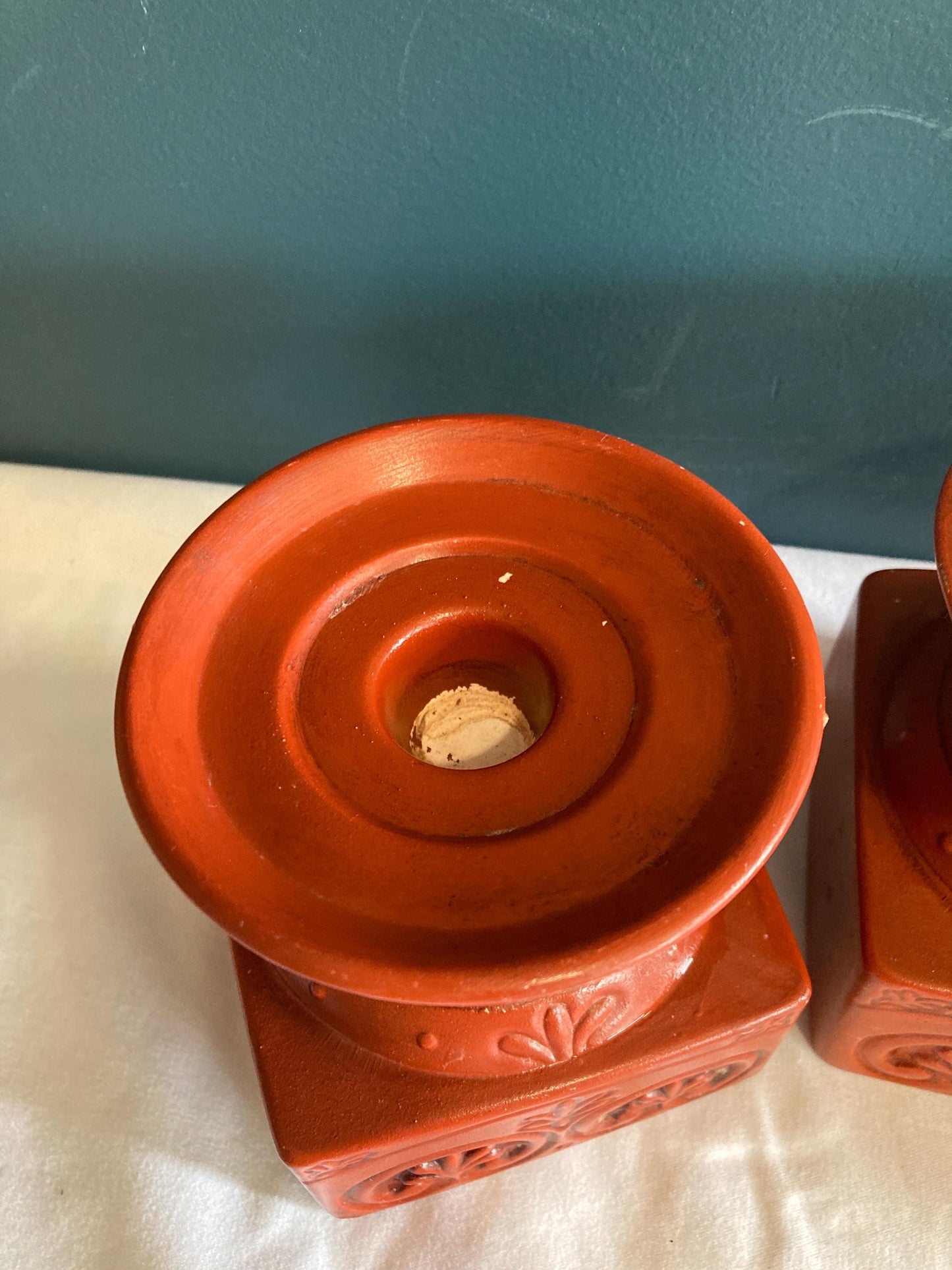 Vintage Brick Red Ceramic Candle Holder Stands, set of 3