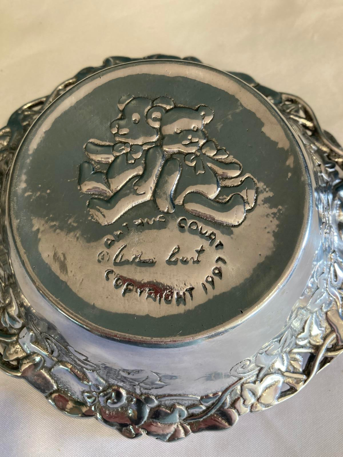 Arthur Court Teddy Bear Bowl Silver Aluminum Ornate Floral Rim