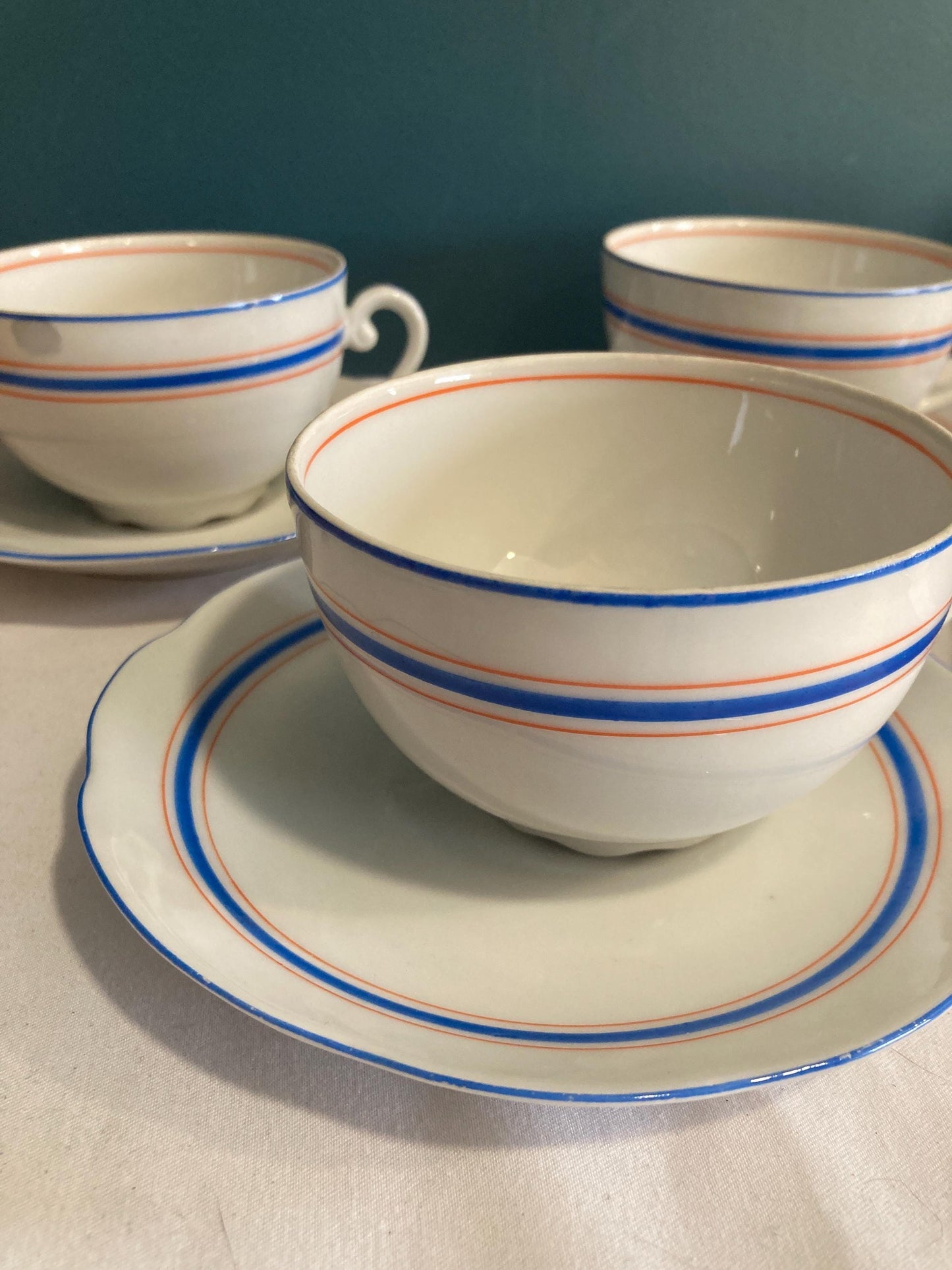 Vintage Orange & Blue Stripe Czechoslovakian Tea Cups, Set of 6