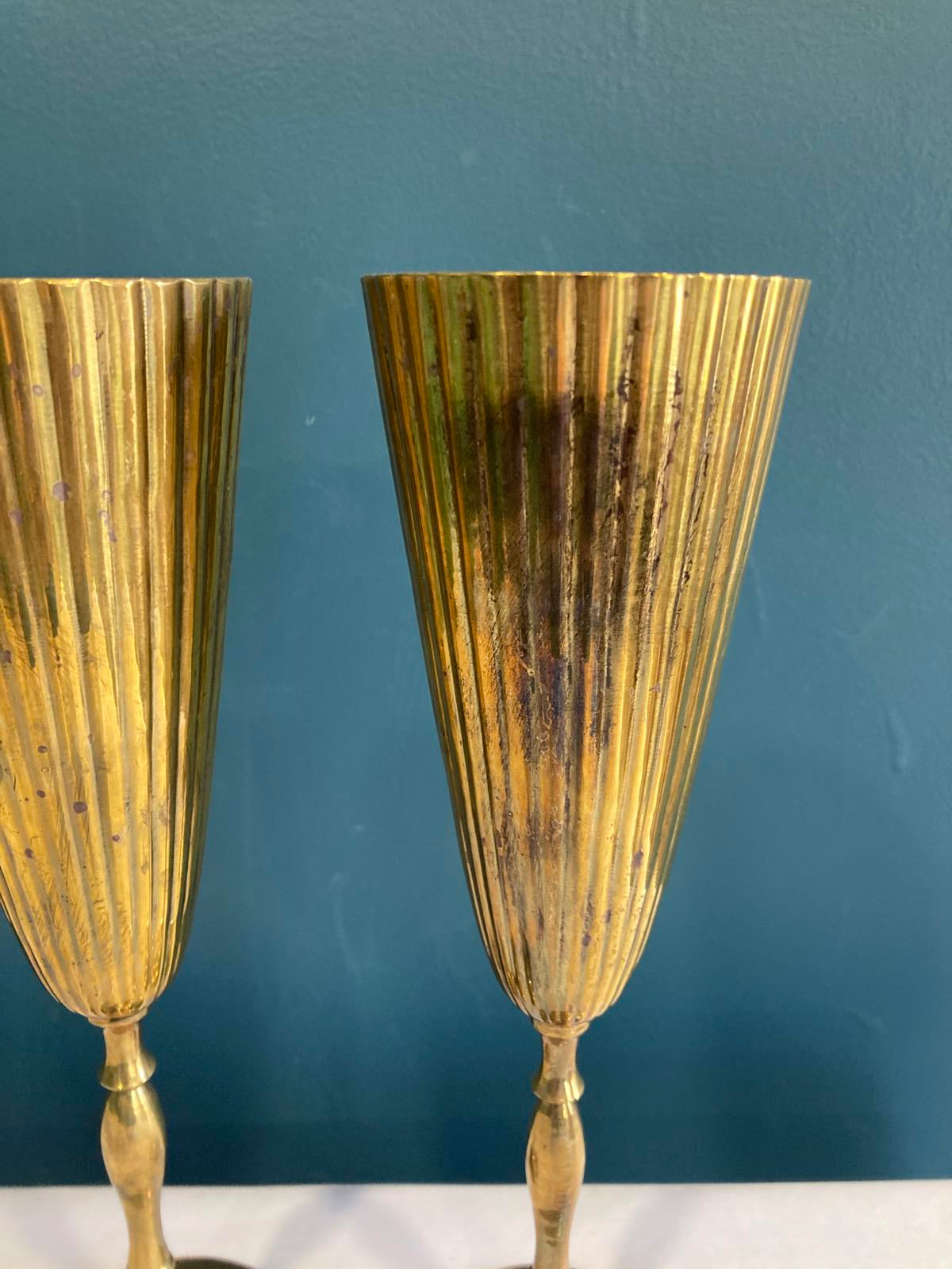 Vintage Brass Champagne Flutes – Ribbed Gold Goblets, Set of 2