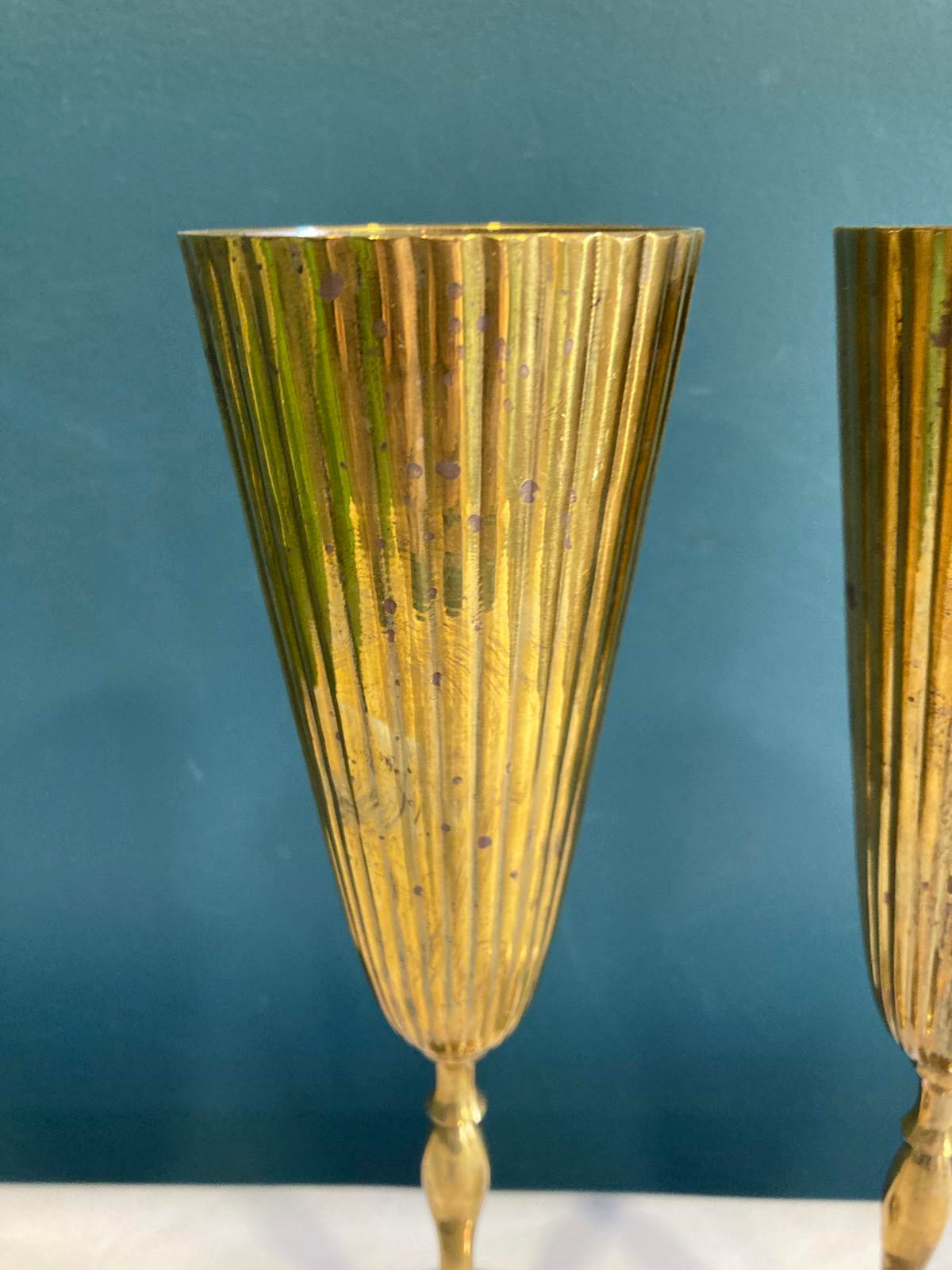 Vintage Brass Champagne Flutes – Ribbed Gold Goblets, Set of 2