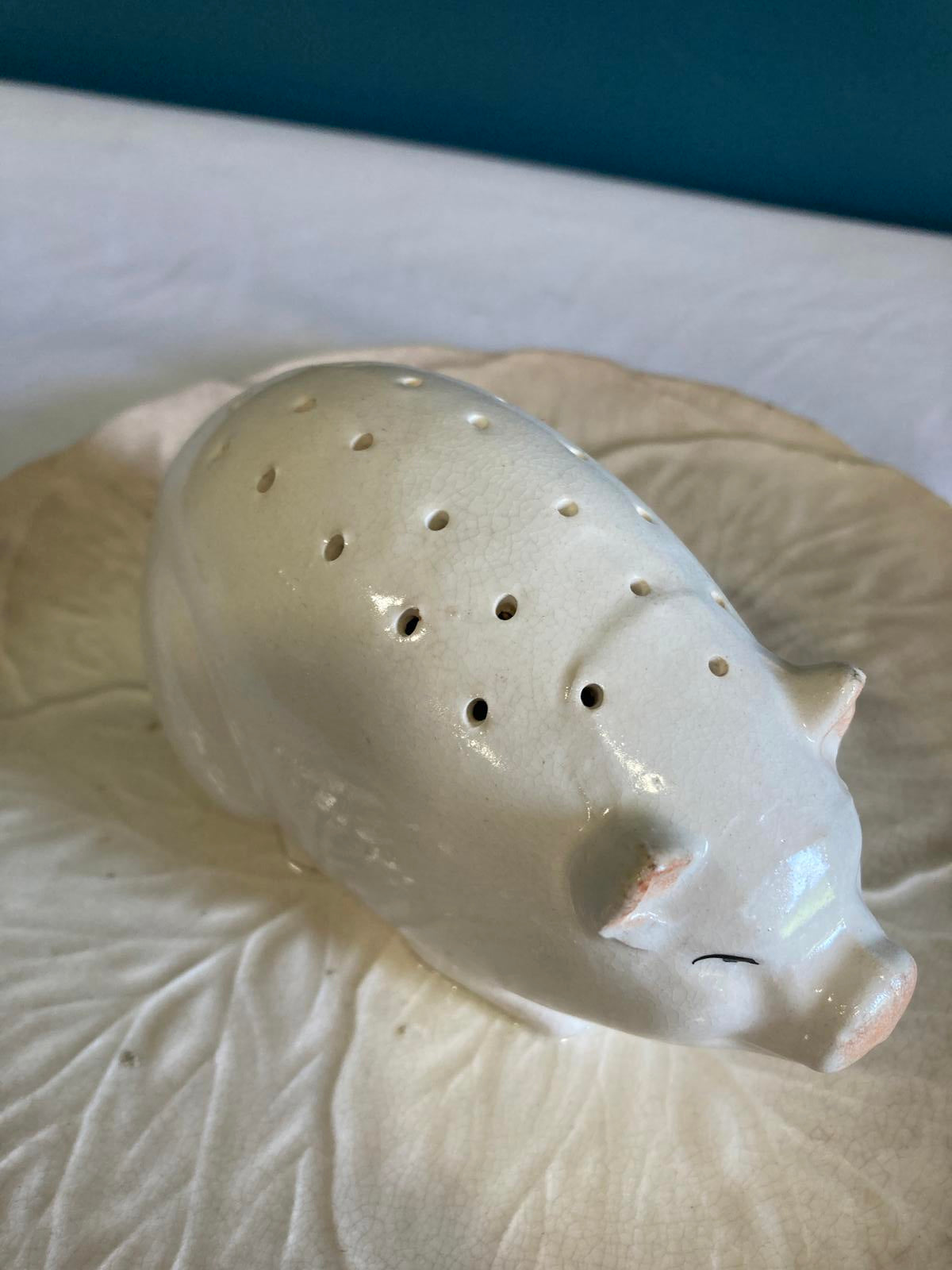 Vintage Ceramic Pig Canapé Holder on Leaf Dish