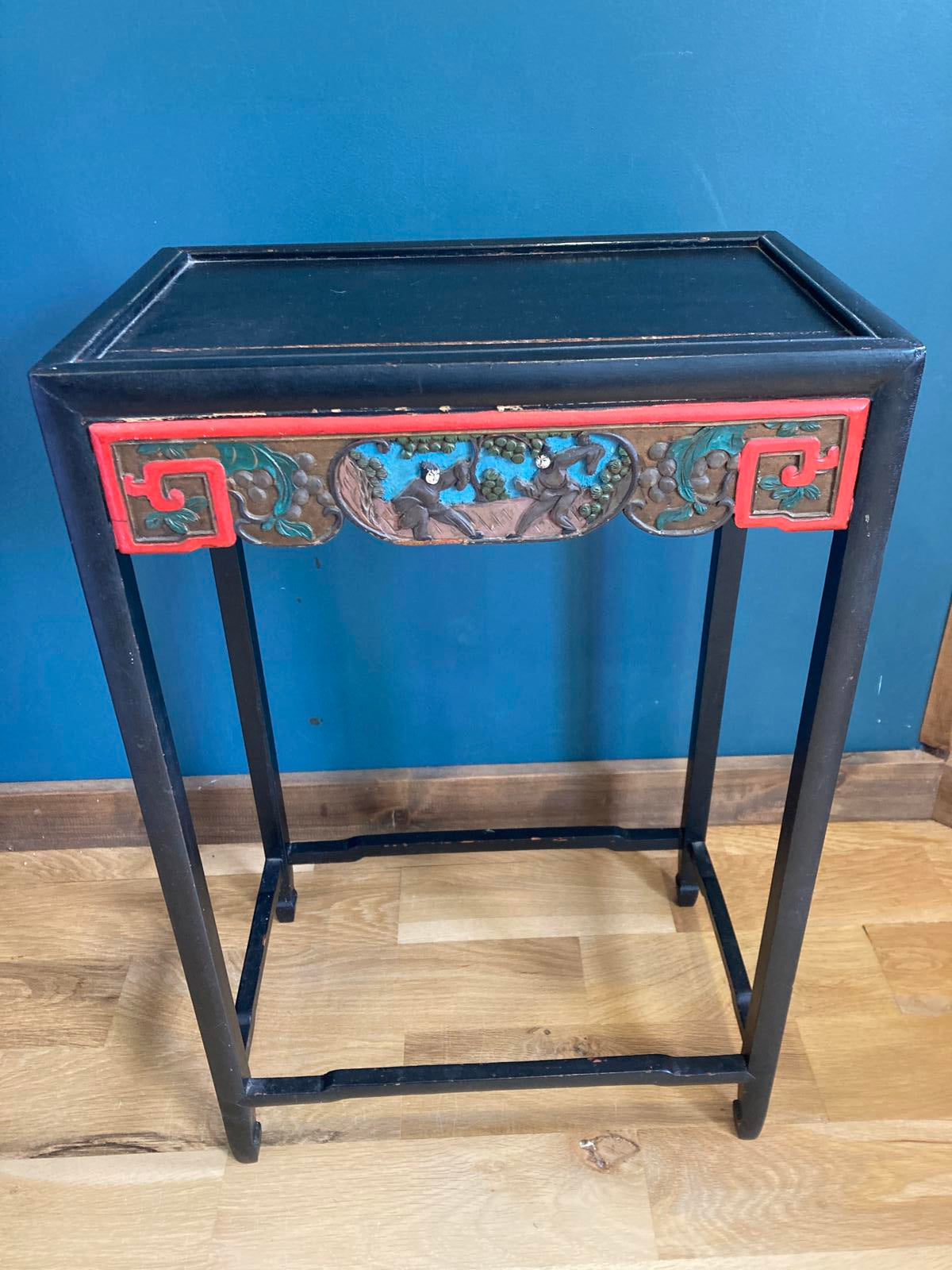 Vintage Asian Accent Table with Carved Painted Scene | Red & Black Lacquer Finish | Vintage Finds