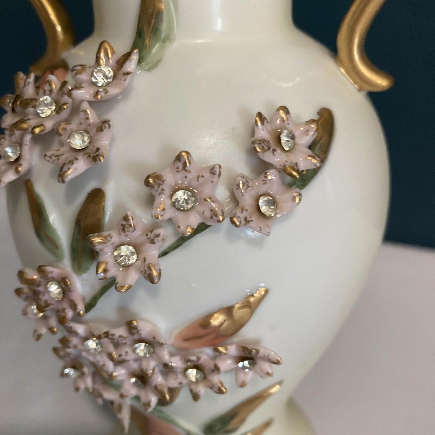 Vintage Porcelain Vase with Gold Handles and Floral Relief
