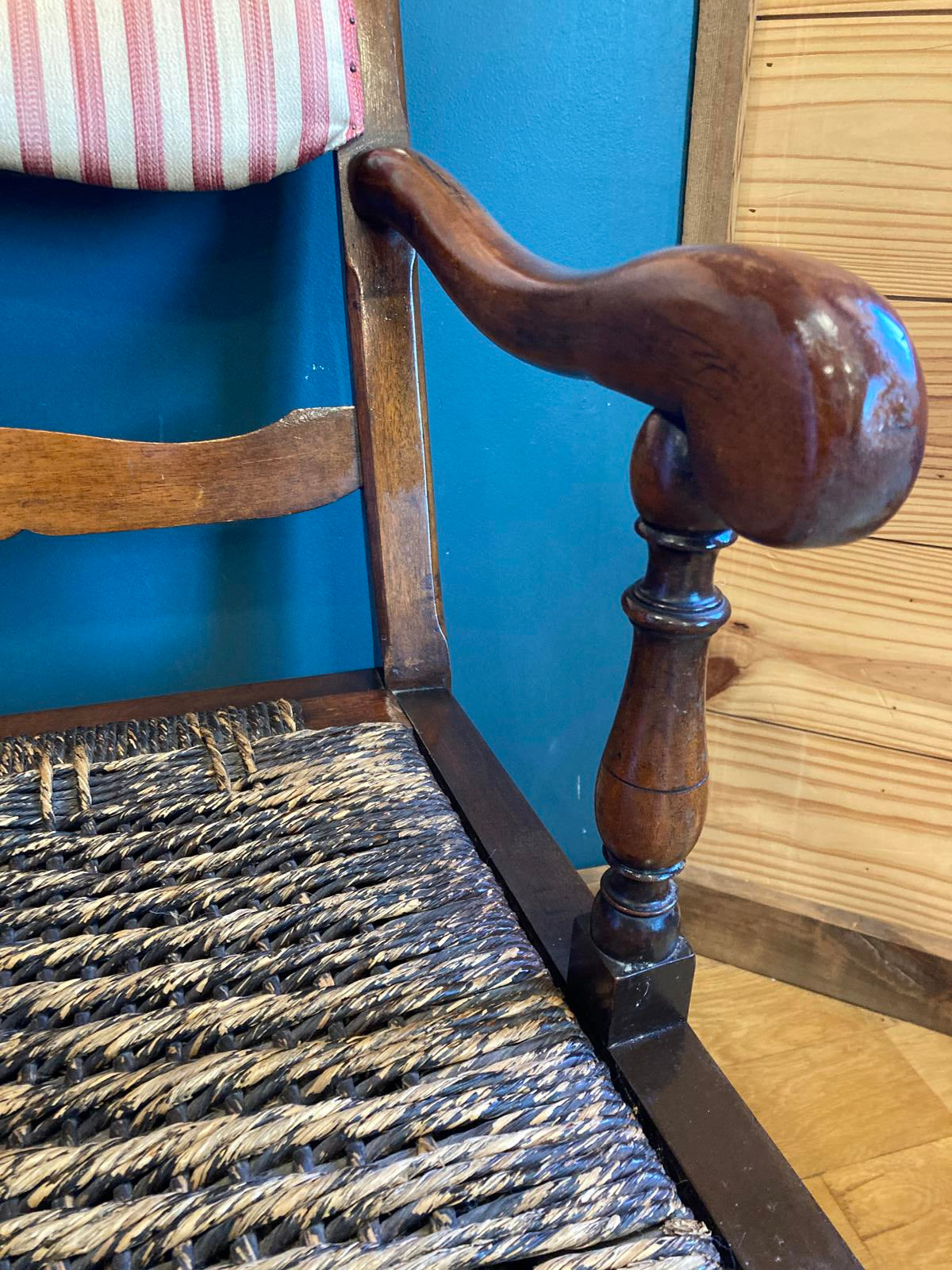 Antique Wood Armchair With Rush Seat & Striped Upholstered Back