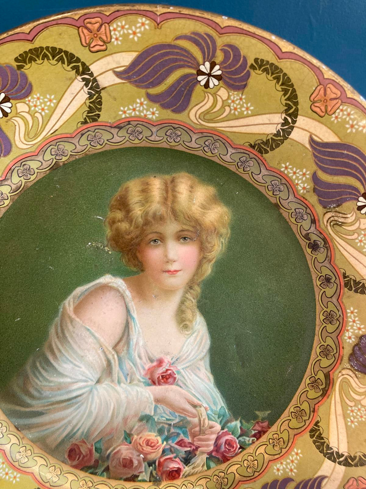 Royal Saxony “Flower Girl” Decorative Metal Plate by Chas W. Shonk Co. Chicago